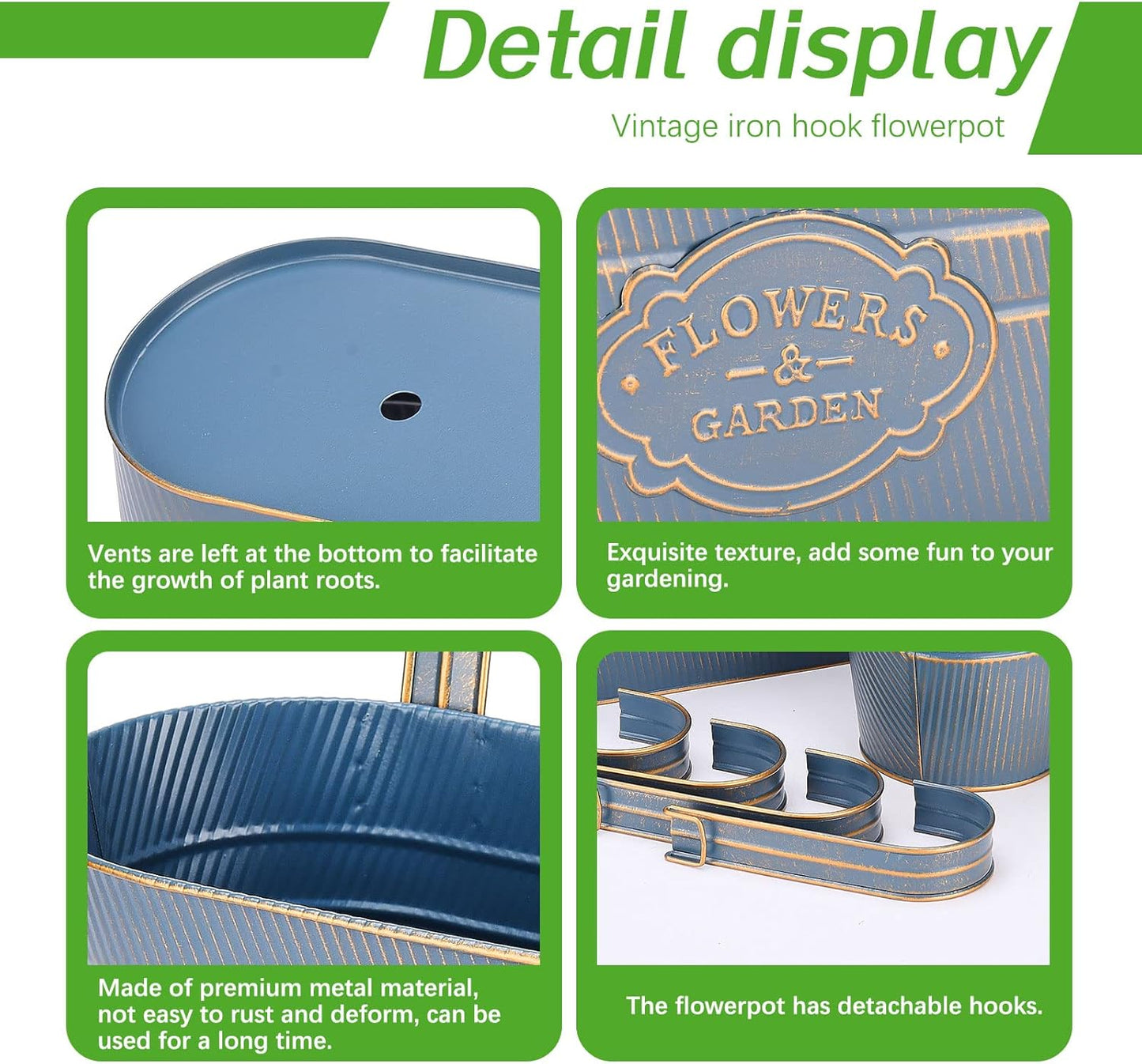 PerGar Vintage Metal Iron Wall Hanging Flower Pots, Rustic Planter Bucket Herb Flower Plant Holder with Detachable Hooks & Drainage Hole for Railing Fence Balcony Deck Garden Home Decoration, Set of 3