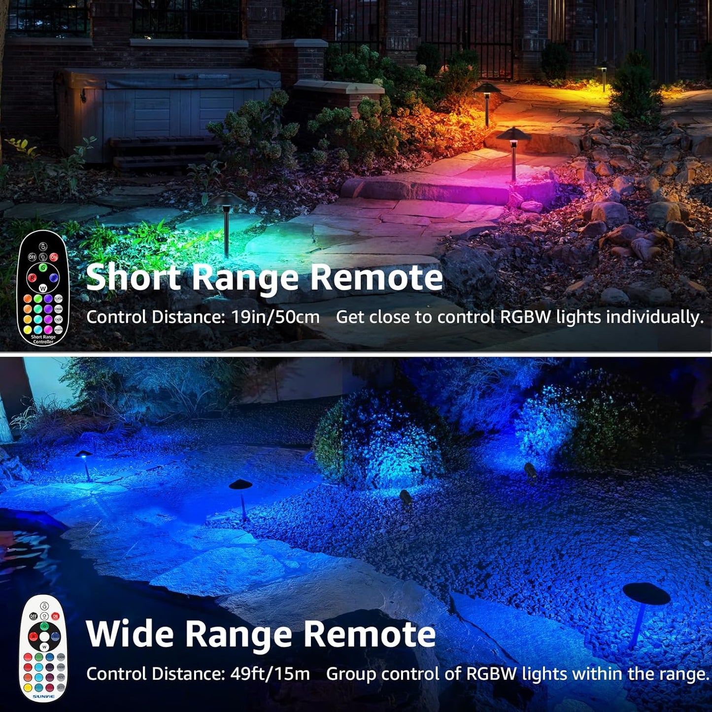 SUNVIE All-in-One RGBW Landscape Lighting Kit, 8 Pack Color Changing Low Voltage Landscape Lights with Connector Transformer 100FT Wire, 3W Multi-Color Pathway Lights for Holiday Walkway Garden Yard