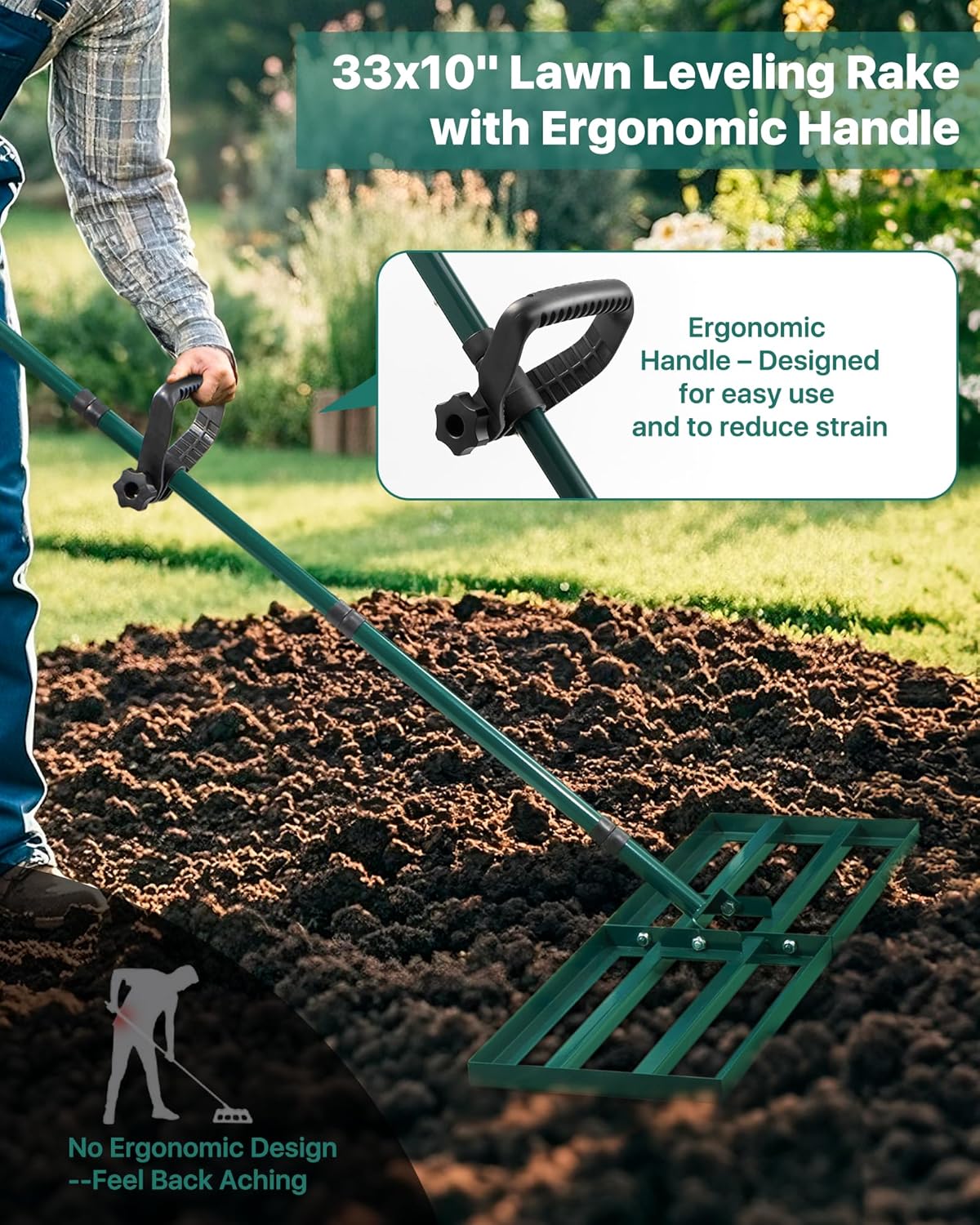 Lawn Leveling Rake 33x10'', Yard Leveling Rake with 78'' Back-Saving Adjustable Handle, Stainless Steel Lawn Leveler Tool for Garden, Backyard, Farm, Golf Course