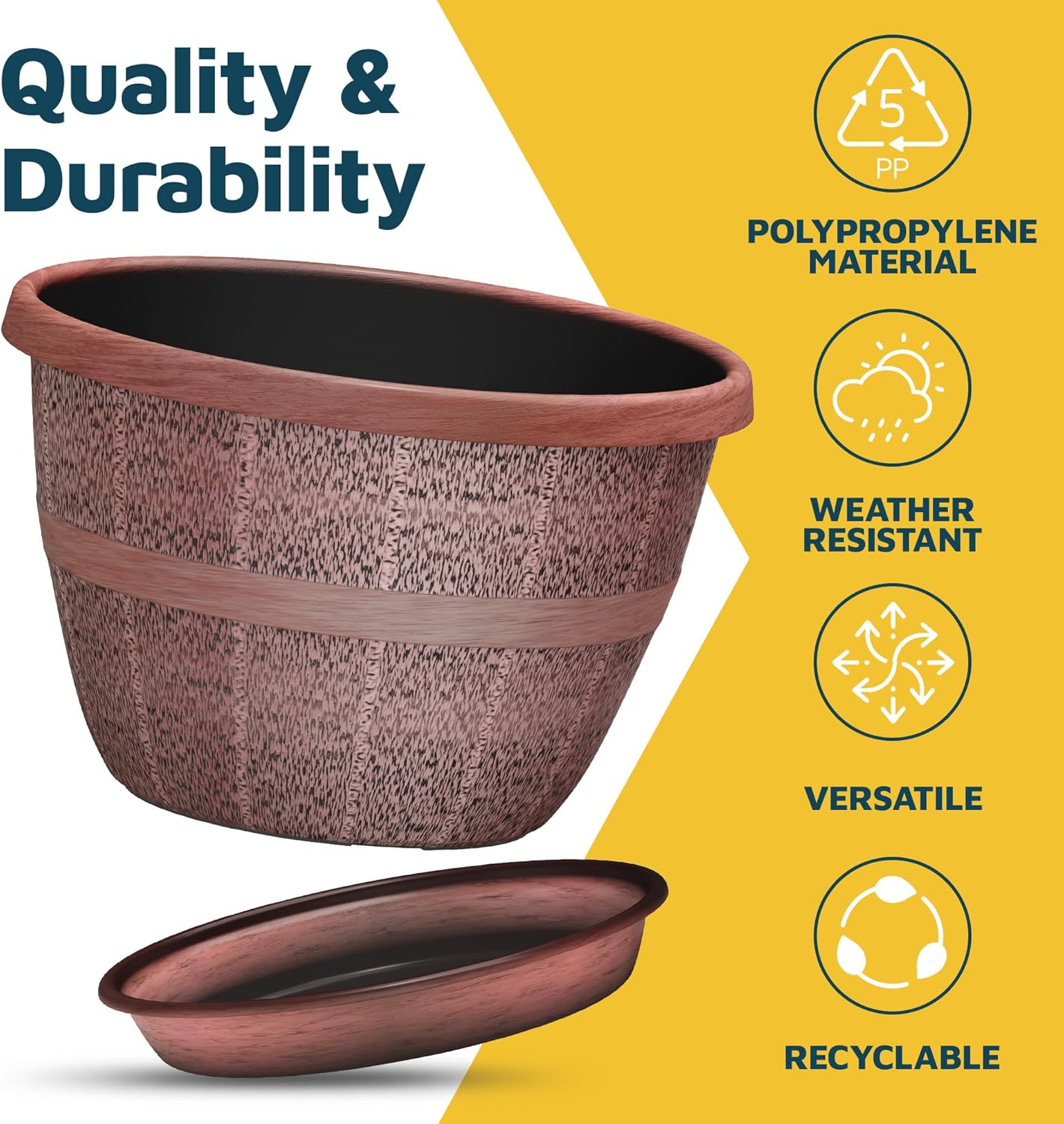 10-Inch Whiskey Barrel Planters Outdoor Pack of 10 - Durable Plastic Plant Pots for Indoor & Outdoor Use with Drainage & Saucer, Lightweight Rustic Barrel Planters for Flowers, Herbs & Small Plants