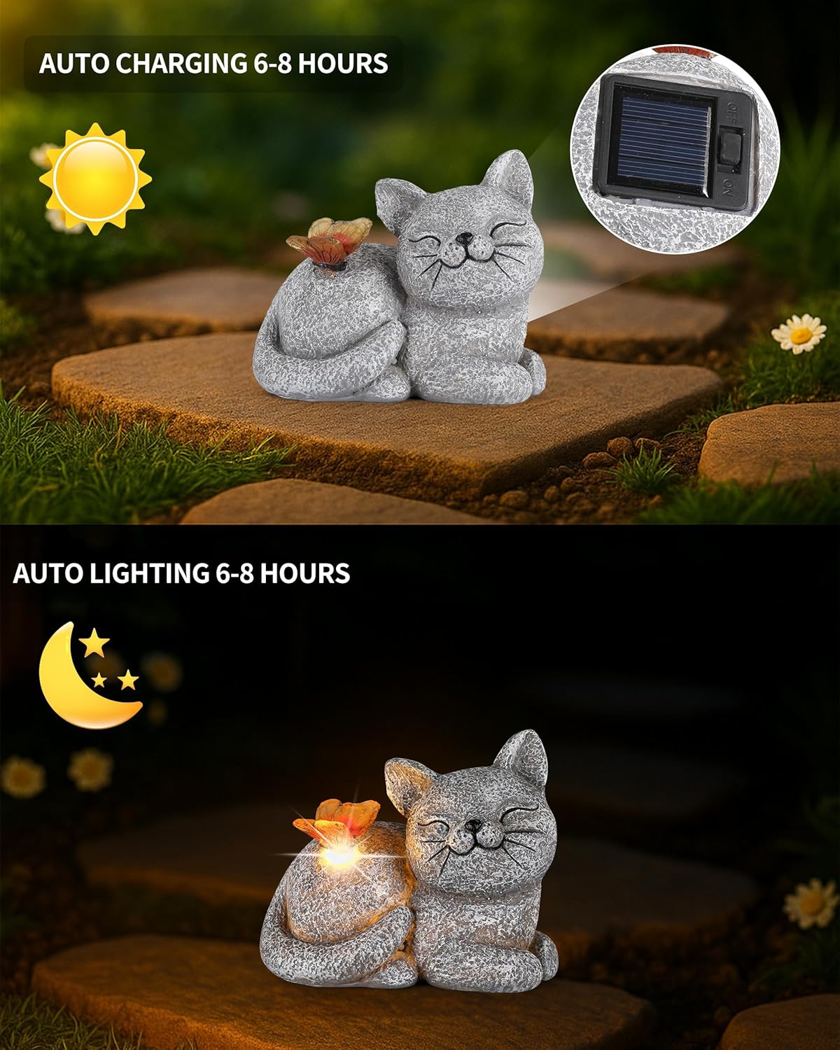 Solar Cat Garden Statue with Butterfly Light – 5-Inch Outdoor Resin Figurine for Yard, Patio, Balcony – Gifts for Women, Garden Decor Accent (Cat)