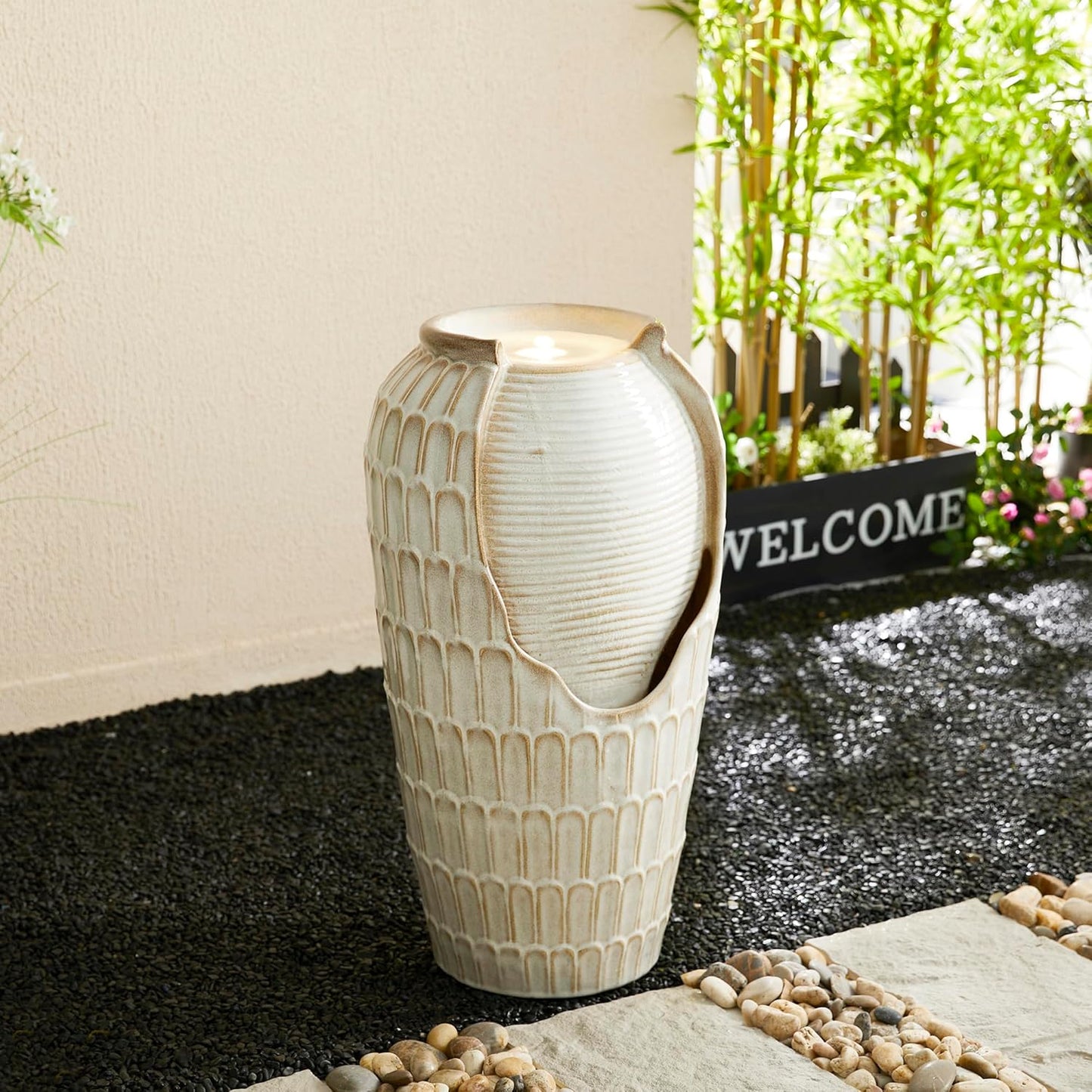 Glitzhome 28.25" H Oversized Ceramic Petals Textured Jar Outdoor Water Fountain, Vintage Sand Beige Glaze Vase Patio Garden Waterfall Fountain with LED Light and Submersible Pump