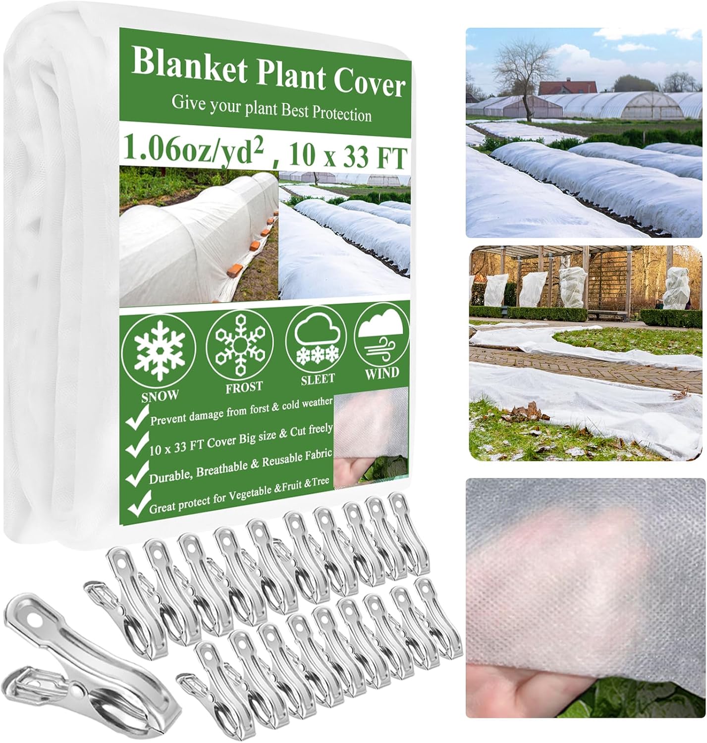 Plant Covers Freeze Protection 10 x 33Ft with 20 Stainless Steel Clips- Frost Cloths Plant Blankets Floating Row Cover for Outdoor Plants Winter Raised Bed Greenhouse Frost Sun Protection