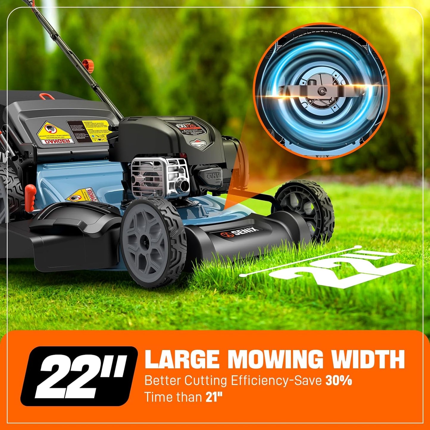 SENIX LSSG-H2 22-Inch Self Propelled Gas Lawn Mower with 163 cc 4-Cycle Engine, 3-in-1 Rear Wheel Drive Variable Speed Lawnmower, 6-Position Height Adjustment