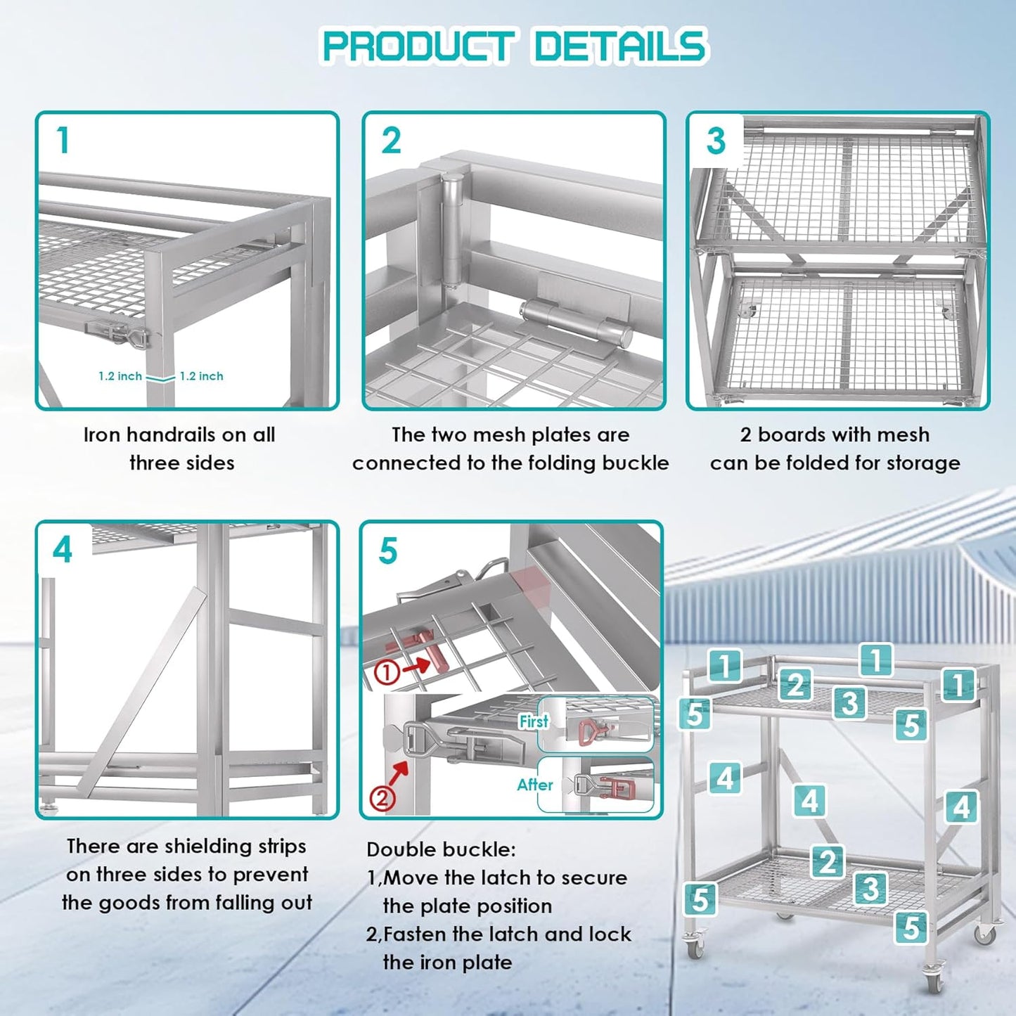 2 Shelf Rolling Cart with Wheels, 660lbs Capacity Collapsible Steel Rolling Utility Cart, Heavy-Duty Foldable Hand Truck, Metal Storage Carts with Handle for Groceries, Warehouse (36" Lx26 W)