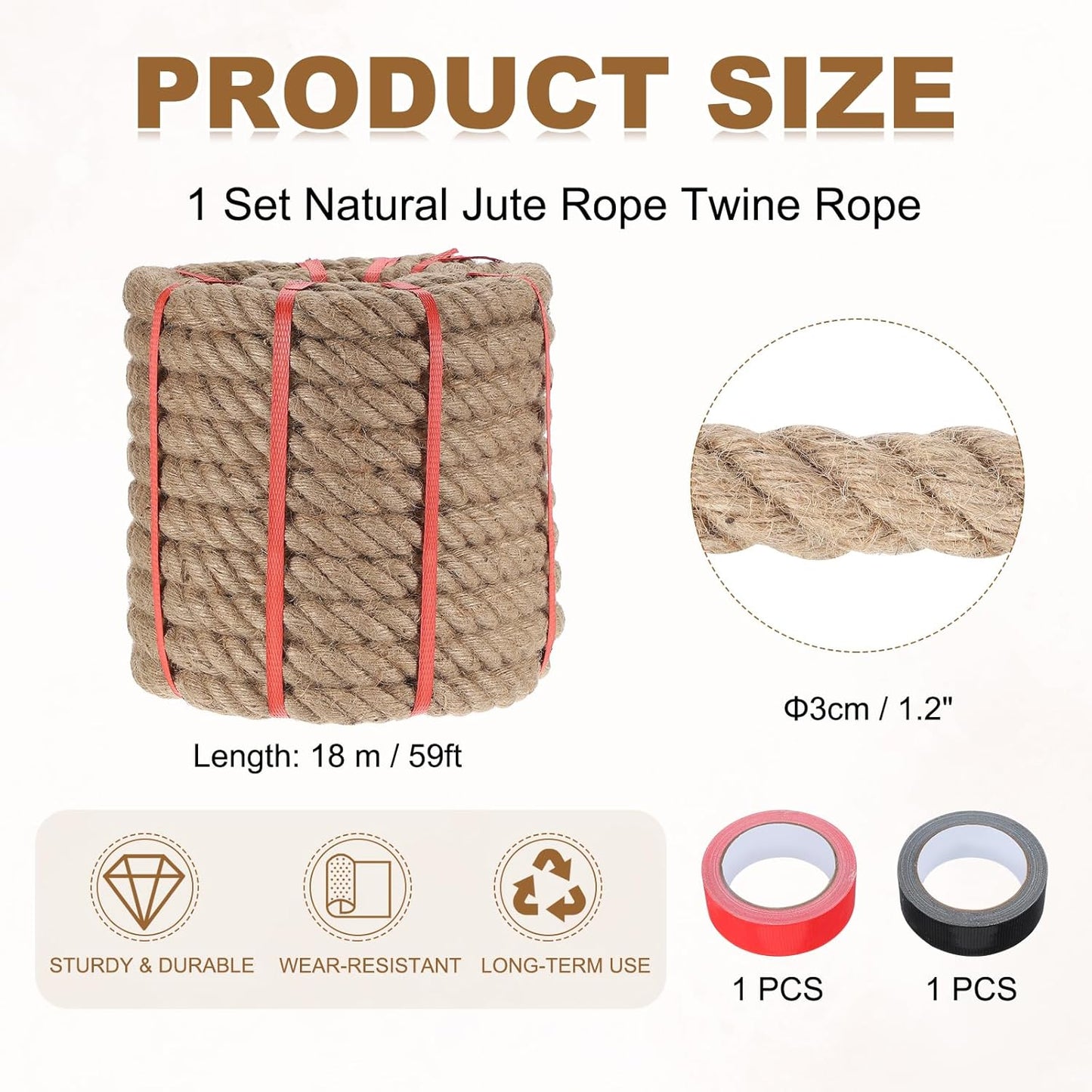 MECCANIXITY Jute Rope 1.2 Inch x 59ft, Thick Twine Rope Ropes Braided Jute Twine Natural Brown Burlap Cord String Heavy Twisted with Tapes for Decorative Crafts Railing Swing Tug of War