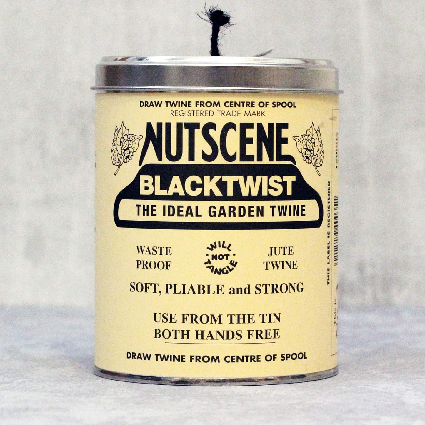 NUTSCENE Iconic Tin (Tin ‘O’ Twine) with Their Heritage Scottish Jute Twine and Hole in Top for Easy Dispensing. 14 Colors to Choose from. 164 Yards. (Black)