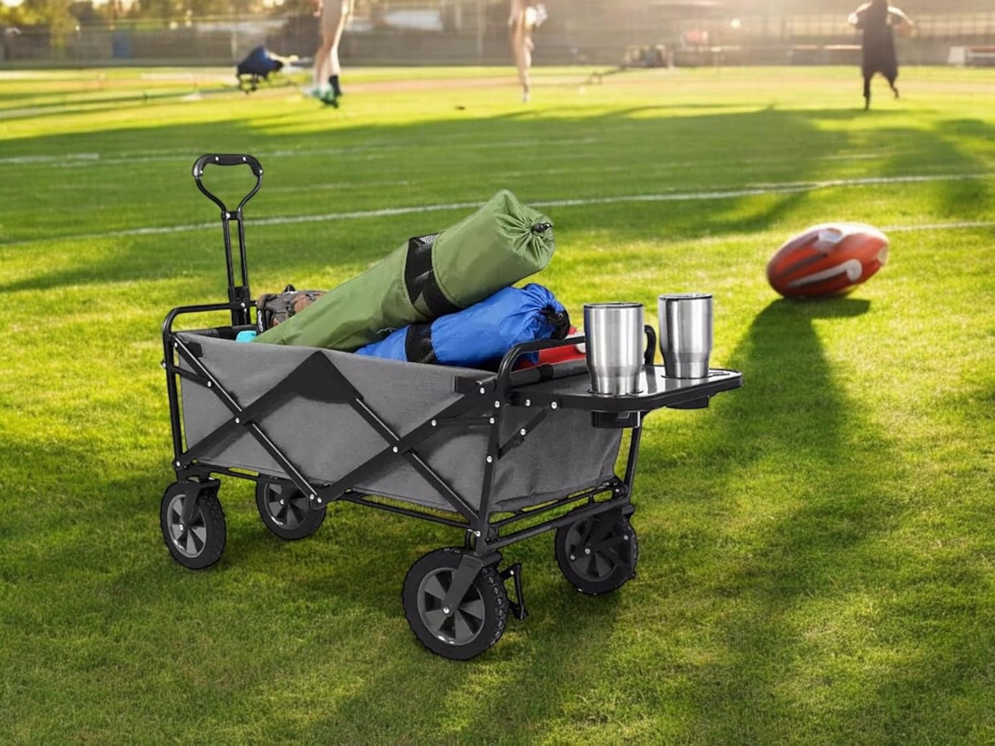 Heavy Duty Steel Frame Collapsible Folding Wagon with Table,150 Pound Capacity Outdoor Camping Garden Utility Wagon Yard Cart (Grey, 2PACK)