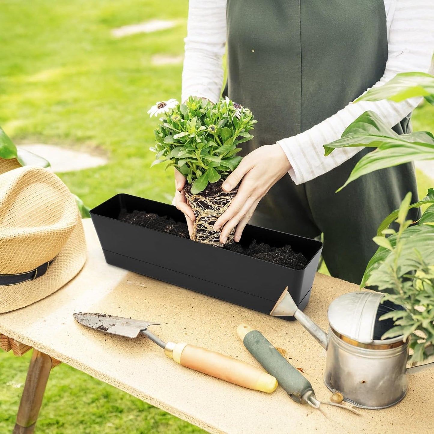 GREANER 16x3.8 Inch Herb Window Boxes 1PCS, Black Planter with Removable Trays and Drainage Holes, Succulent Flower Rectangular Plastic Pot for Balcony, Office, Windowsill, Garden, Indoor Outdoor Use