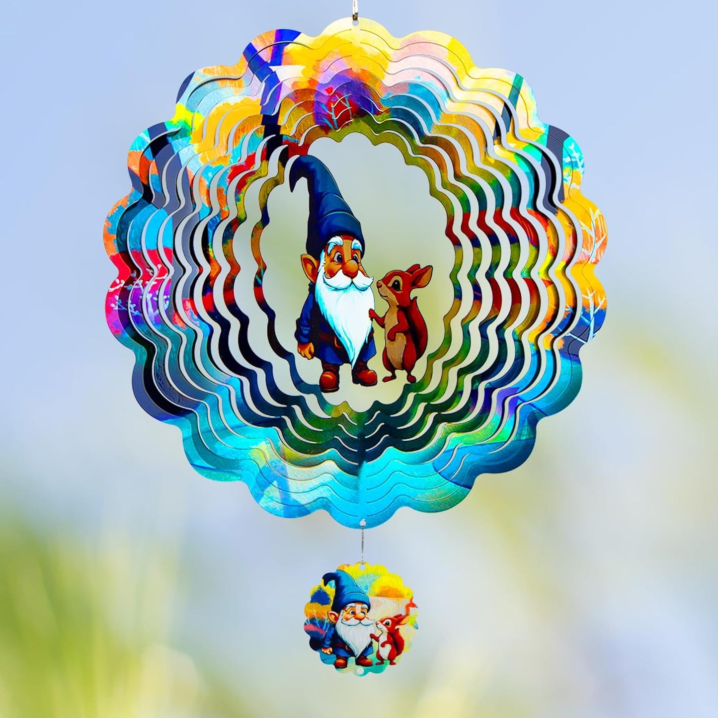 Gnomes Hanging Wind Spinners,12 Inch 3D Garden Spinner Kinetic Art Garden Decorations，Stainless Steel Reflective Wind Spinners for Yard