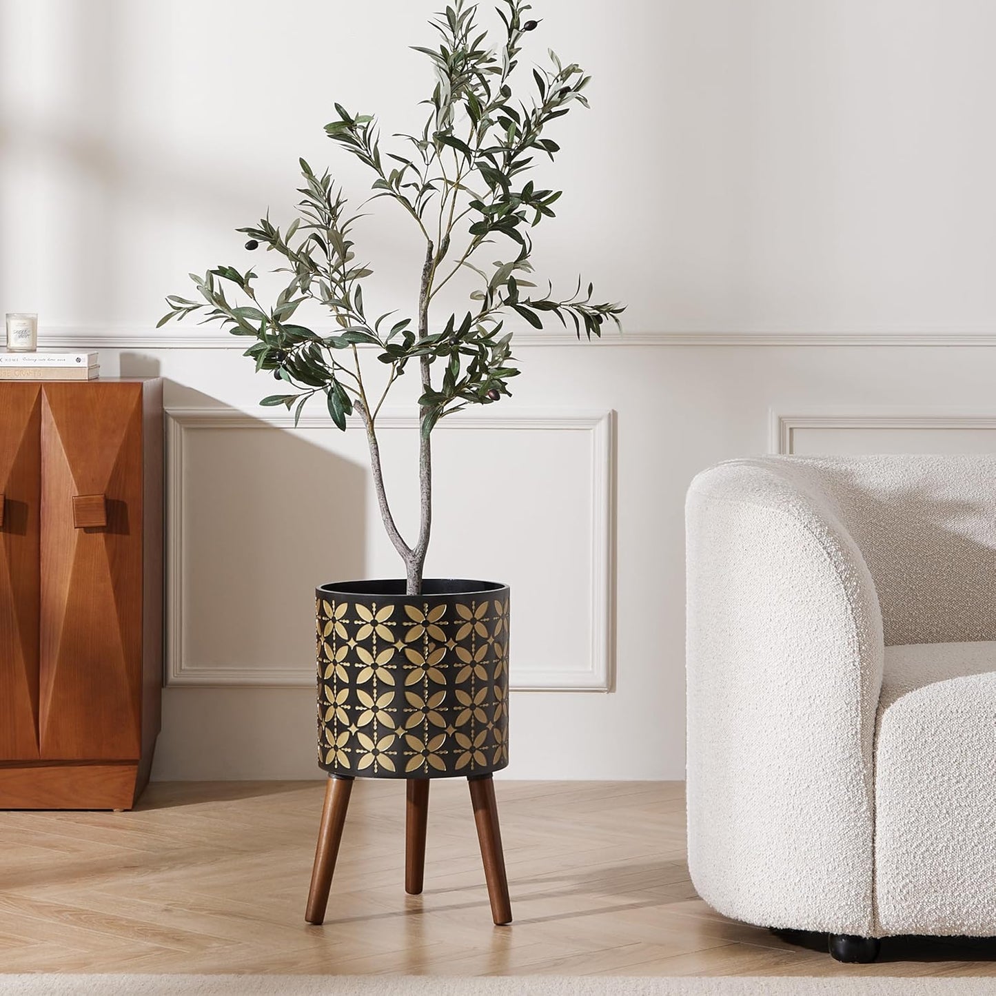 10 Inch Plant Pot with Stand, Planter for Indoor Plant Mid-Century with Drainage Holes for Outdoor,Black and Gold