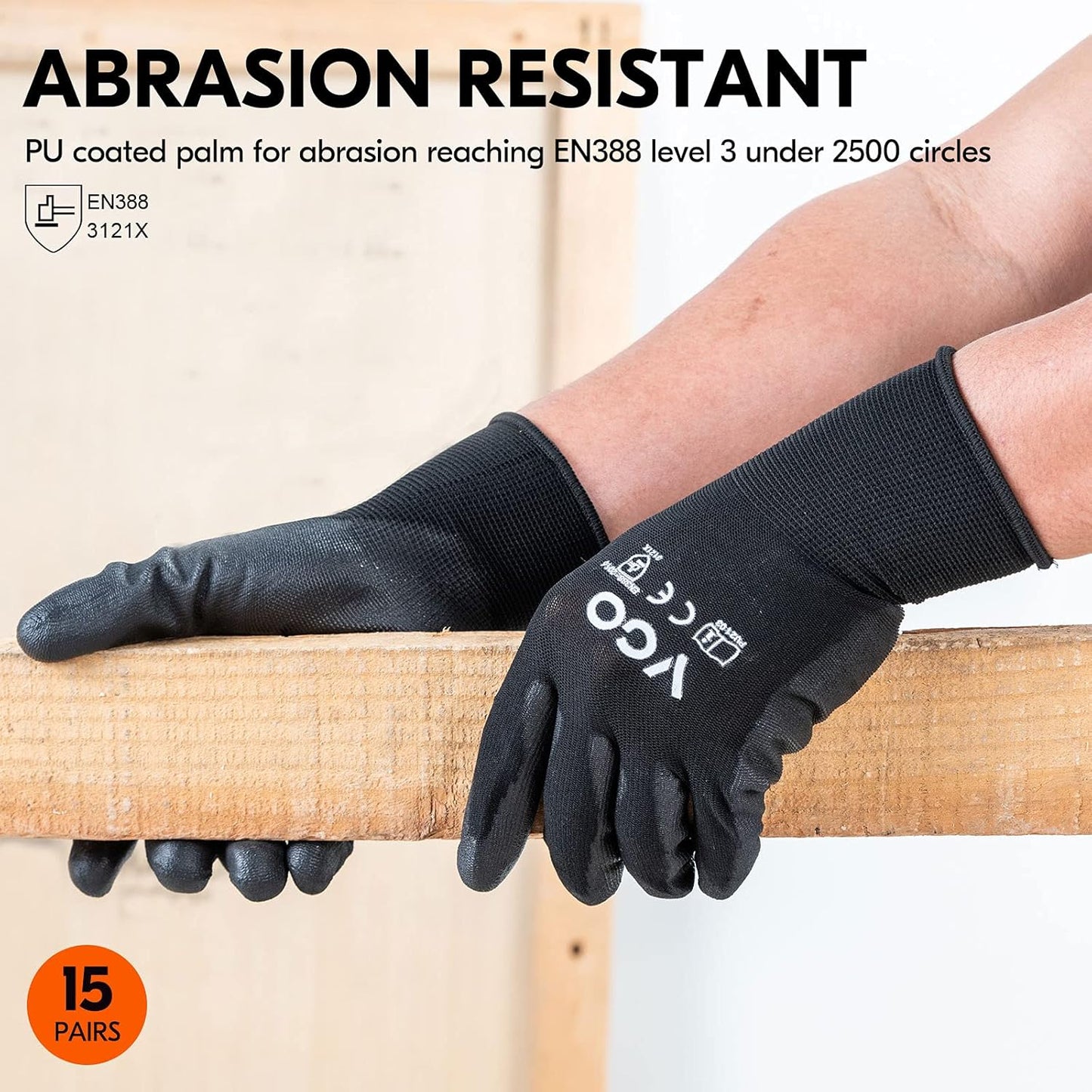 Vgo... 15-Pairs Safety Work Gloves, Gardening Gloves, Polyurethane Coated, Dipping Gloves, Latex Free (Size S, Black, PU2103)