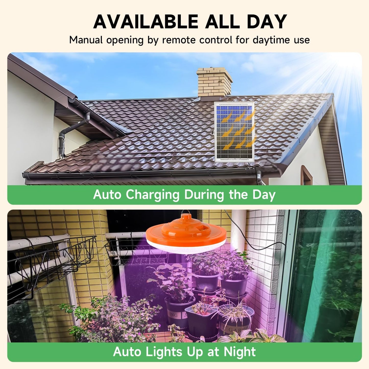 Solar Plant Grow Light Battery Powered, 96 LED Full Spectrum Hanging Grow Lights for Indoor Plants with Timer, Solar Pendant Growing Lamp for Greenhouse with Remote Control(14.7FT Cord)