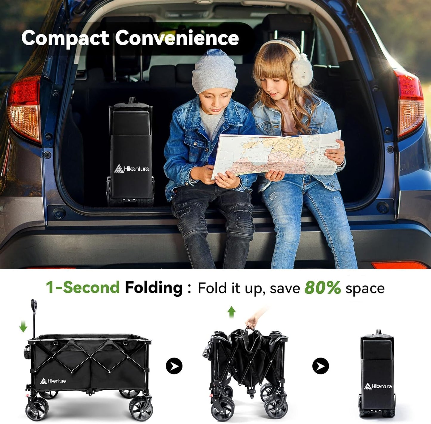 Hikenture Collapsible Wagon Cart, 330lbs Capacity Beach Wagons with Big Wheels for Sand, Heavy Duty Foldable Cart with Brakes, Portable Utility Folding Garden Cart for Outdoor