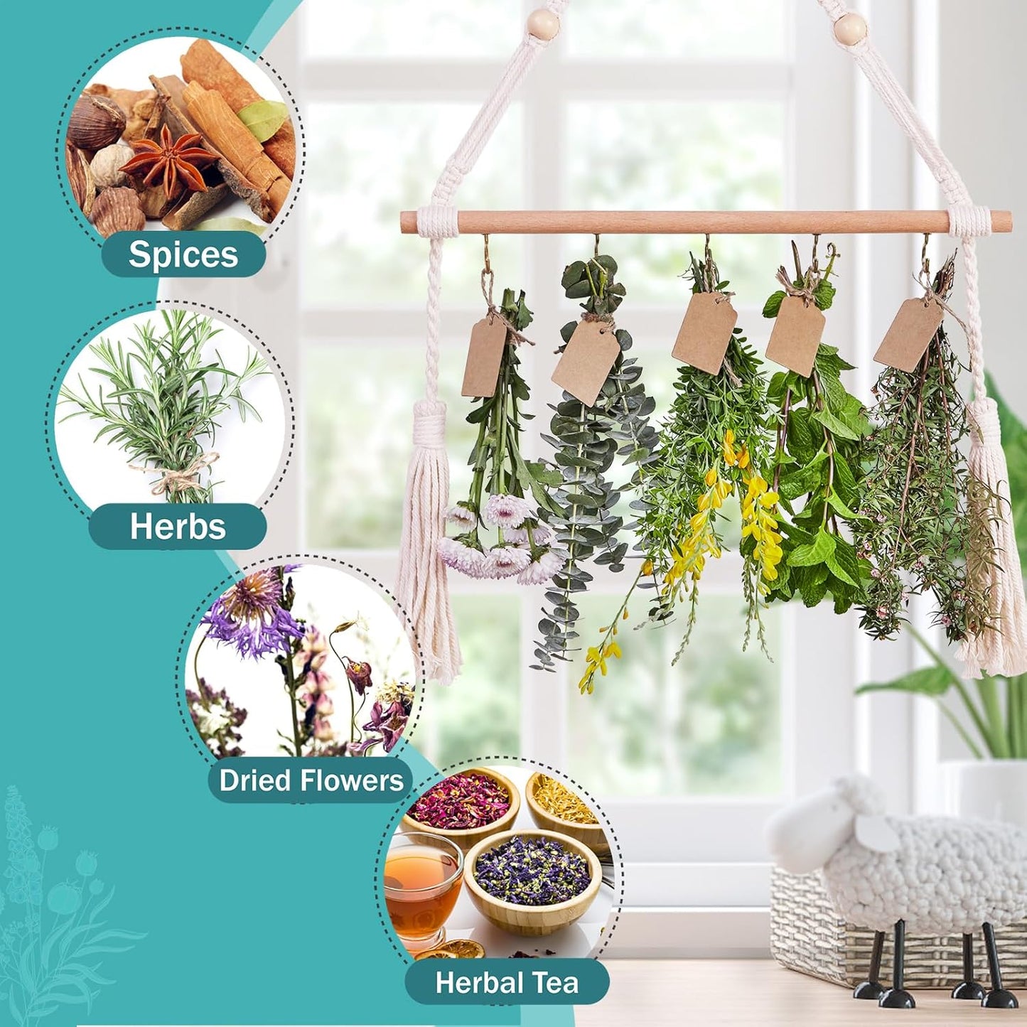 3Tier Herb Drying Rack Flower Drying with 25PCS Brown Gift Tags and 32ft Natural Jute Twine herb Dryer,Herb Drying Rack,Hanging Herb Dryer Rack, Ivory