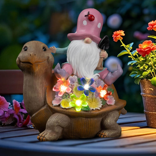 Solar Garden Outdoor Statue Turtle Gnome with Succulent and LED Light - Patio,Lawn,Garden,Tortoise Statue for Patio,Unique Housewarming Gifts