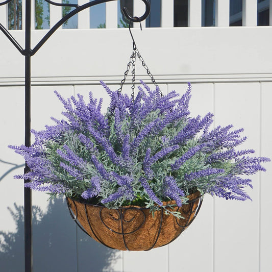 Ivydale Artificial Faux Outdoor Hanging Flowers Plants Basket for Porch Spring Decoration, 12 Bundlies Fake UV Resistant Lavender with Coconut Lining Baskets for Home Patio Balcony Yard