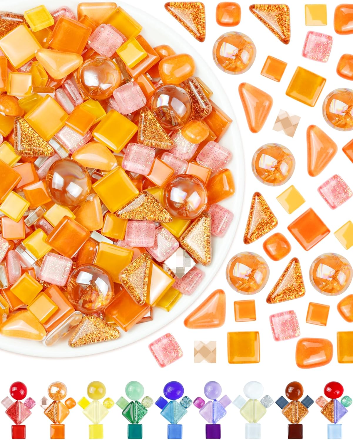 FIVEIZERO 420g Mosaic Tiles for Crafts - 280Pcs Glass Mosaic Kits, Mixed Shapes Mosaic Glass Pieces for Art, Irregular Tiny Mosaic Tile for DIY Projects, Home Decoration(Orange)