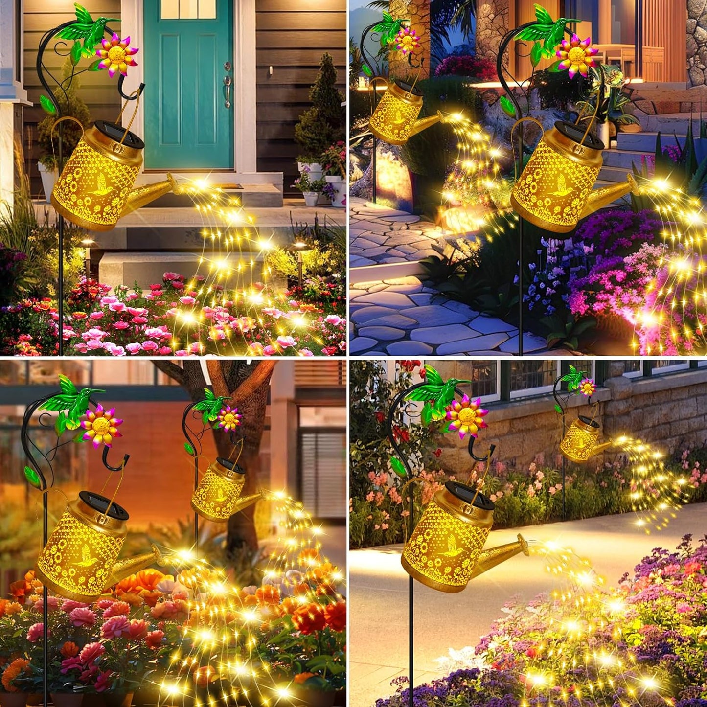 Hummingbird Solar Watering Can Lights, Outdoor Waterproof Garden Lanterns with Shepherd Hook, Solar Garden Decor for Yard Outdoor Landscape Pathway Porch Patio, Gift for Women Mom Grandma, 2 Pack