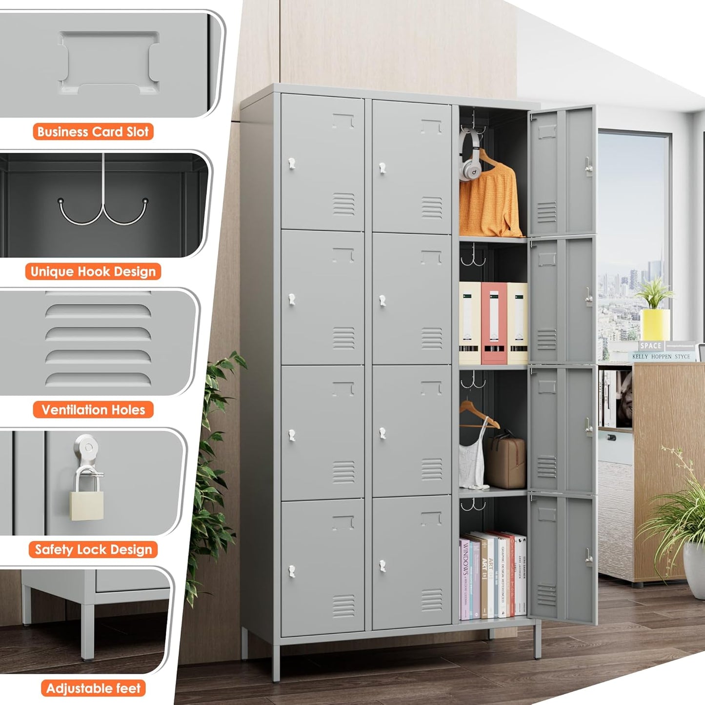 Aobabo 12 Doors Metal Storage Locker for Employees, Storage Locker with Name Card Slot for School Office Gym Bedroom, Light Grey, Assembly Required