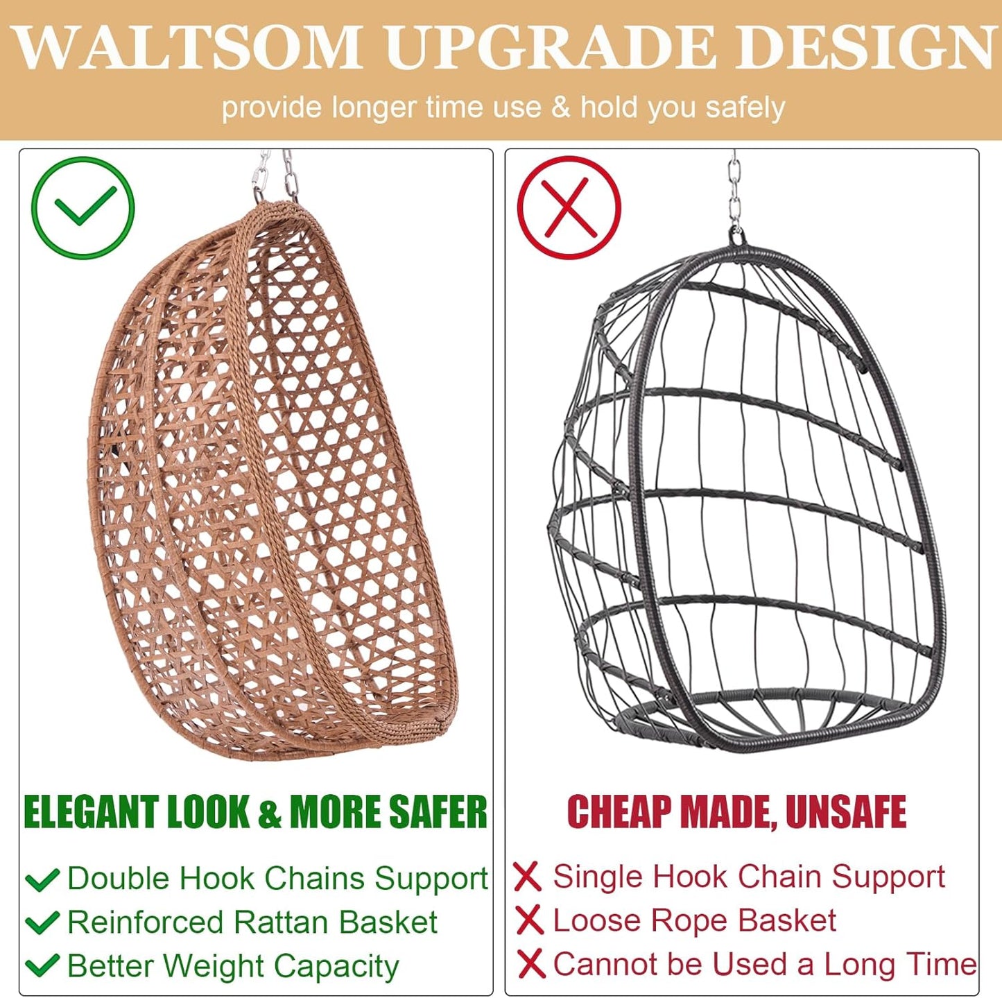 Indoor Hanging Chair with Stand for Bedroom, Hexagon Rattan Wicker Swing Egg Chair for Bedroom Porch Garden Patio Outdoor, Hammock Egg Swing Chair with Cushion,350LBS Capacity (Beige)