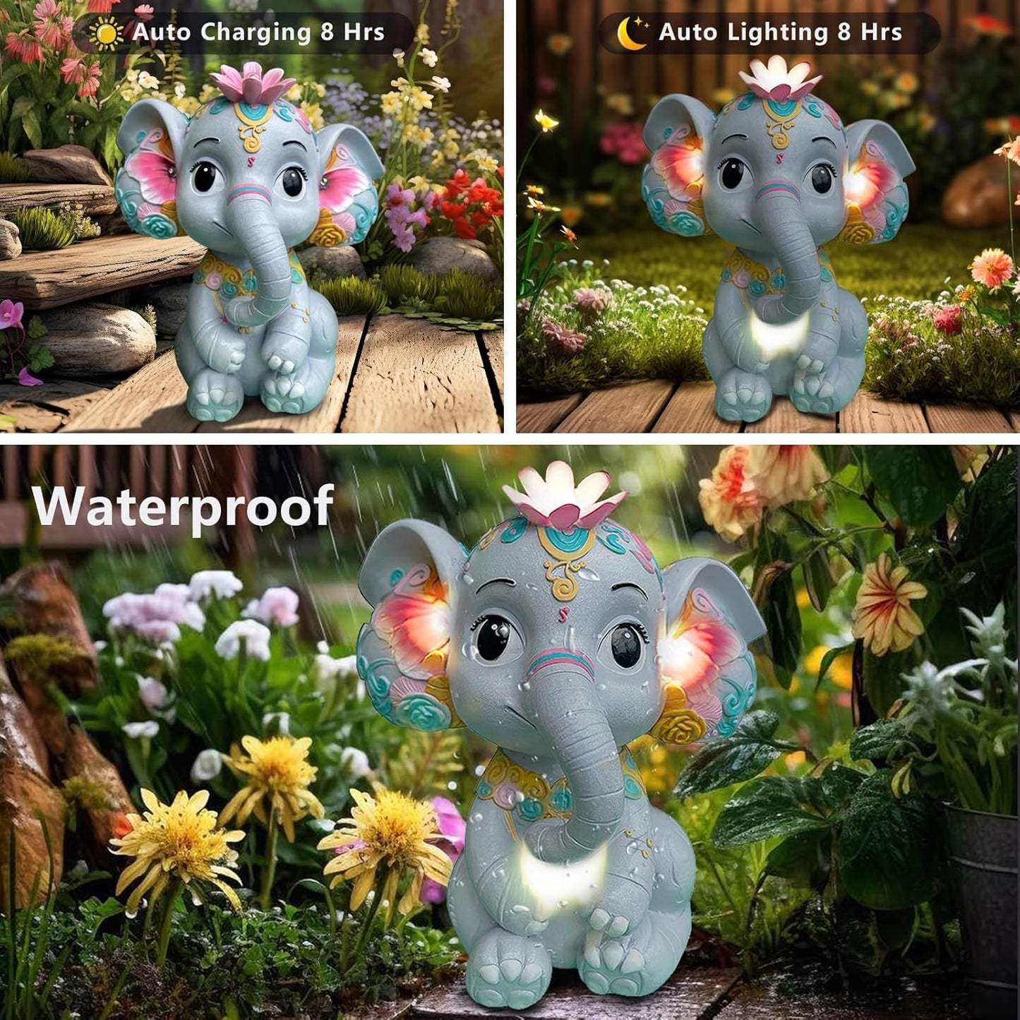 Solar Garden Outdoor Statue Elephant with 4 LED Lights,Lawn Decor Statue for Patio, Balcony,Yard Ornament,Ideal Gift for Christmas,Women,Mom,Grandma,Birthday or Unique Housewarming
