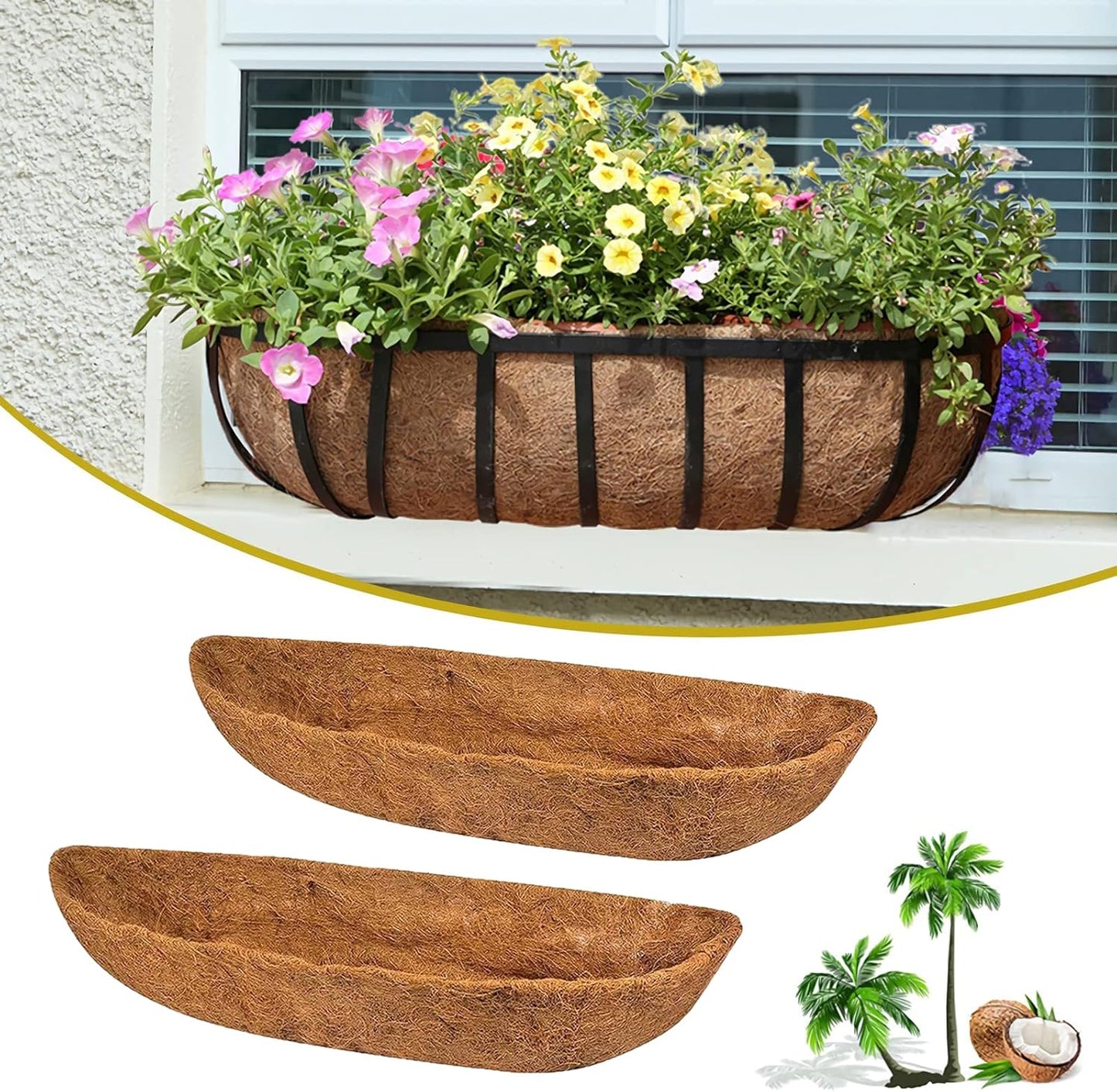STONESTAR 2-Pack Coconut Liners for Planters 24 inch, Half-Moon Shape Window Box Liners Coconut Planter Liners Replacement, Trough Coco Liners for Planters Flower Baskets (24 inch)
