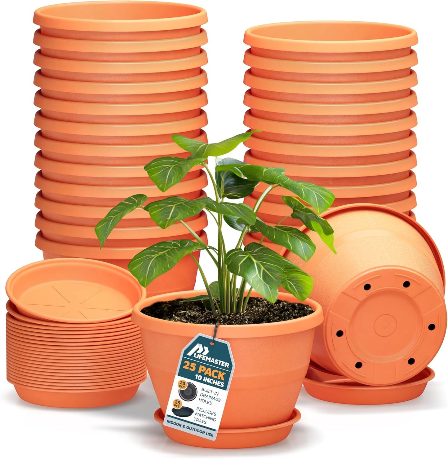 10-Inch Whiskey Barrel Planters Outdoor Pack of 25 - Durable Plastic Plant Pots for Indoor & Outdoor Use with Drainage & Saucer, Lightweight Rustic Barrel Planters for Flowers, Herbs & Small Plants