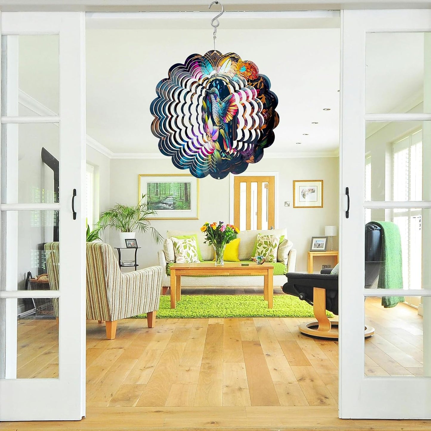 Wind Spinners Art Hummingbird 12 inch 3D Stainless Steel Laser Cut Metal Art Geometric Pattern Wind Sculpture Hanging for Yard Garden Decorations Outdoor