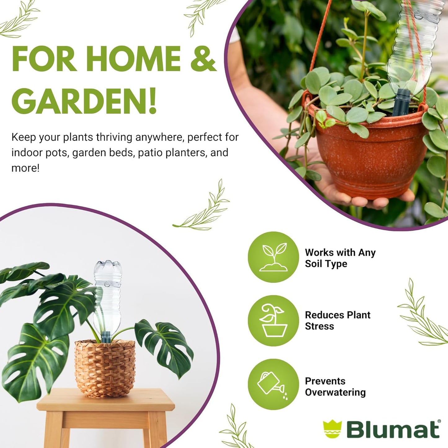 Blumat Plant Watering Device - Easy Self Watering Planter Insert for Indoor Plants - Bottle Adapter - Prevents Overwatering and Underwatering for Healthy Growth - 3 Pack