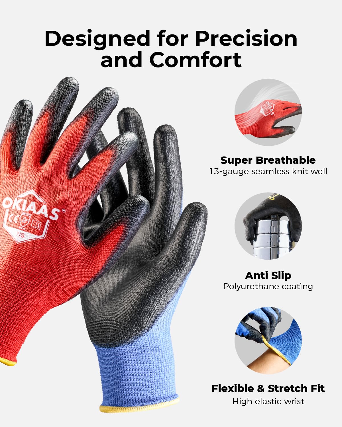 OKIAAS Men's Ultra-Thin and Lightweight Working Gloves with Grip, 12 Pairs Bulk Pack, Construction Gloves with Polyurethane Coating, Safety Gloves for Light Duty Work, Red, Medium
