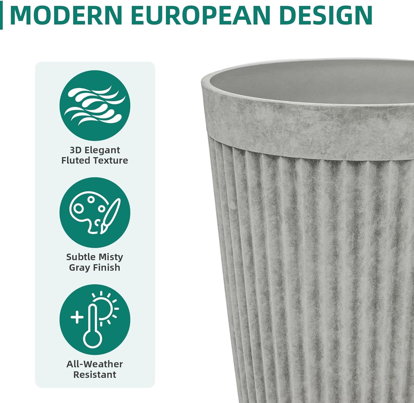 20" Resin Tall Planters for Outdoor Plants, Set of 2 Vintage Gray Large Flower Pots with Handmade Fluted Texture, Heavy-Duty and Weather-Resistant for Year Round Indoor Outdoor use