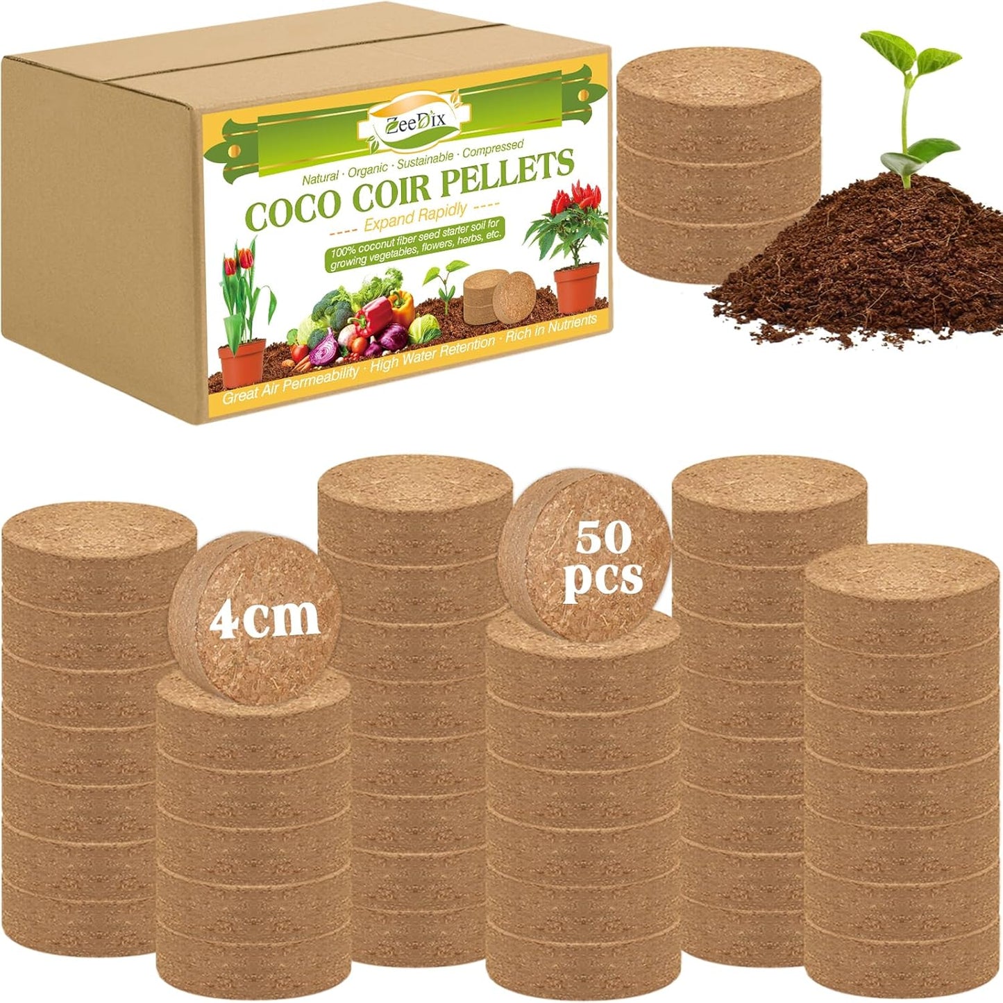 ZeeDix 50Pcs 40mm Compressed Coco Coir Fiber Potting Soil Seed Starters - Organic Coco Coir Pellet Fiber Soil for Planting Bonsai, Herbs, Flowers and Vegetables