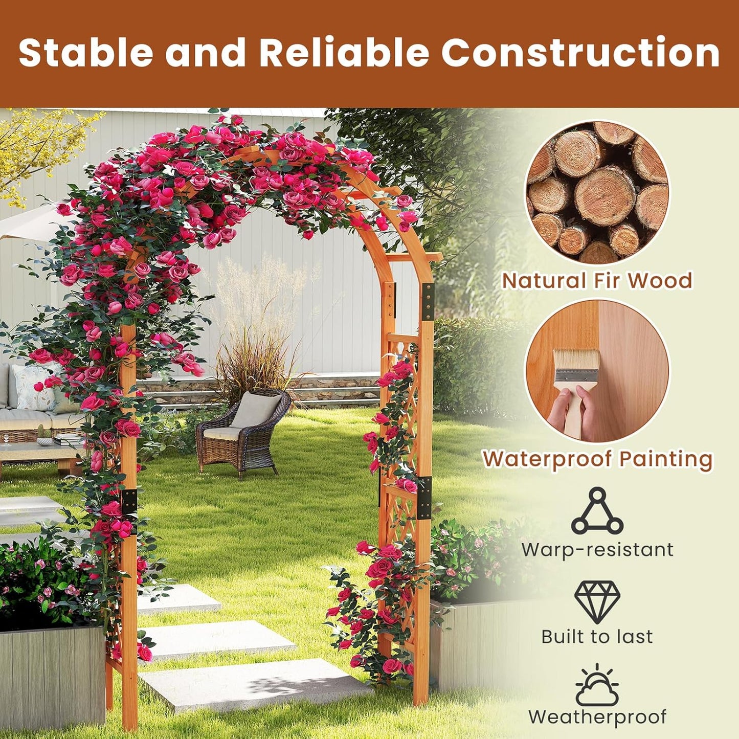 HAPPYGRILL 7.7 FT Wooden Garden Arbor, Outdoor Wood Garden Trellis for Climbing Plants, Wedding Arch Pergola for Ceremonies Parties, Solid Wood Backdrop Stand, Greenhouse Patio Lawn Decoration