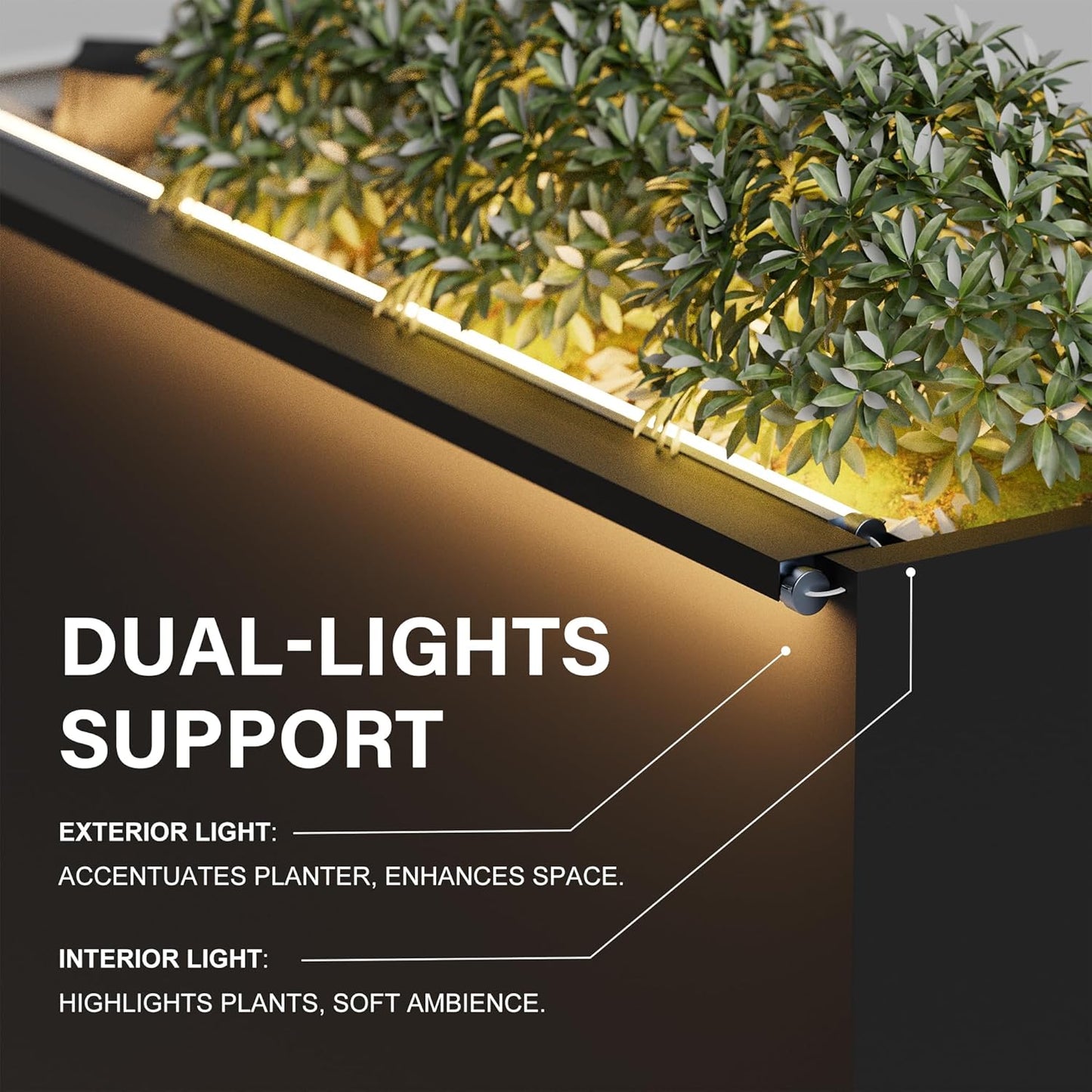 GSK 30" L Black LED Metal Planter Flower Box Vibe LED Lighting Strips ×2 Galvanized Steel Trough Shelf Grow Drainage Holes Indoor Space Rectangular Outdoor Patio Garden Decor Plant Herbs Houseplants