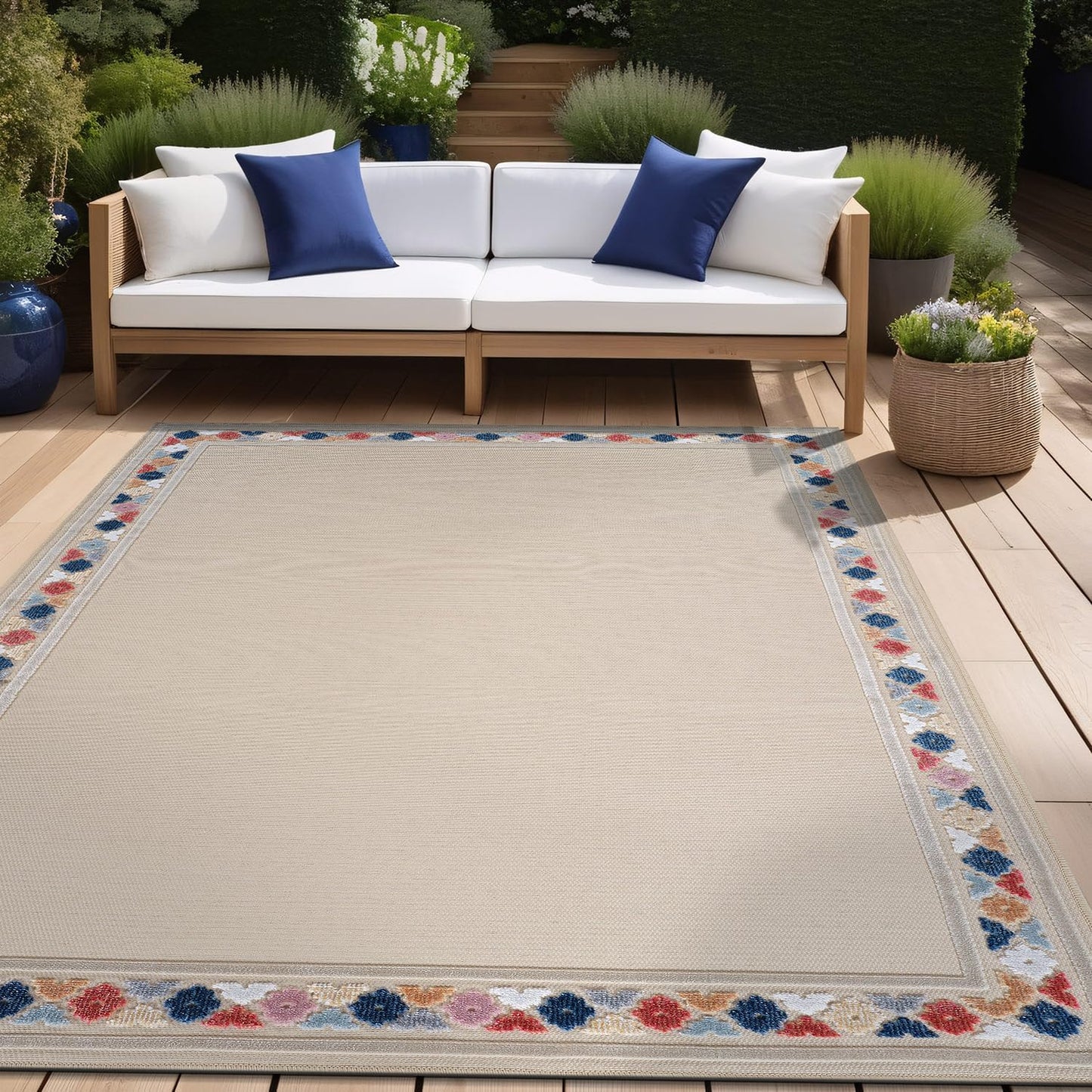 Beverly Rug Outdoor Rug 6x9 Modern Bordered Area Rugs for Indoor and Outdoor Patio Easy to Clean Non Shedding Living Room Porch Garden Washable Outside Carpet (6 x 9 Beige)