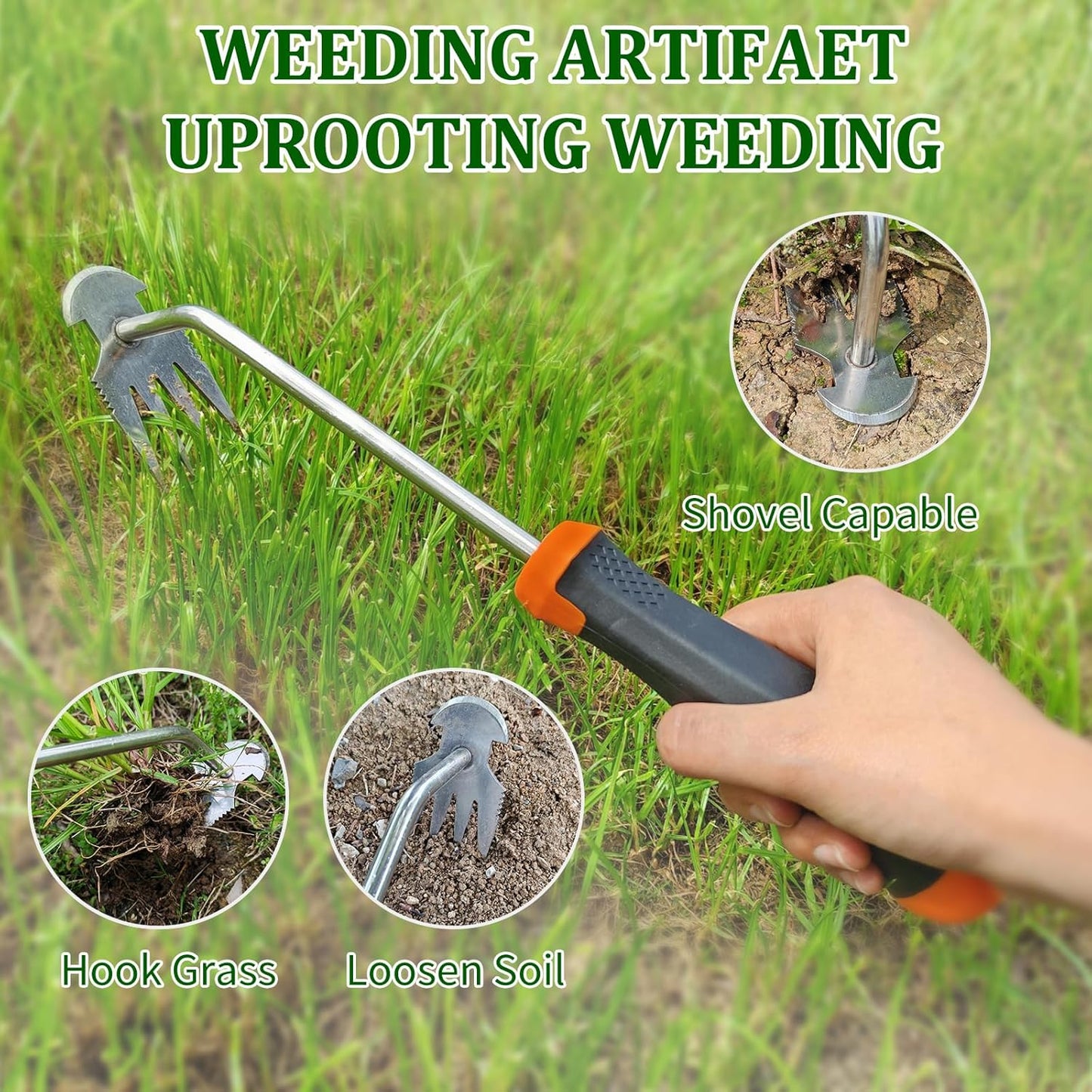 Weeder Puller Tool, Stainless Steel Thickened Hand Weeder Tool, Portable Weed Remover Tool,4 Teethe Waterproof Manual Weed Puller, Multi Function Garden Tools for Yard (Rubber Handle)