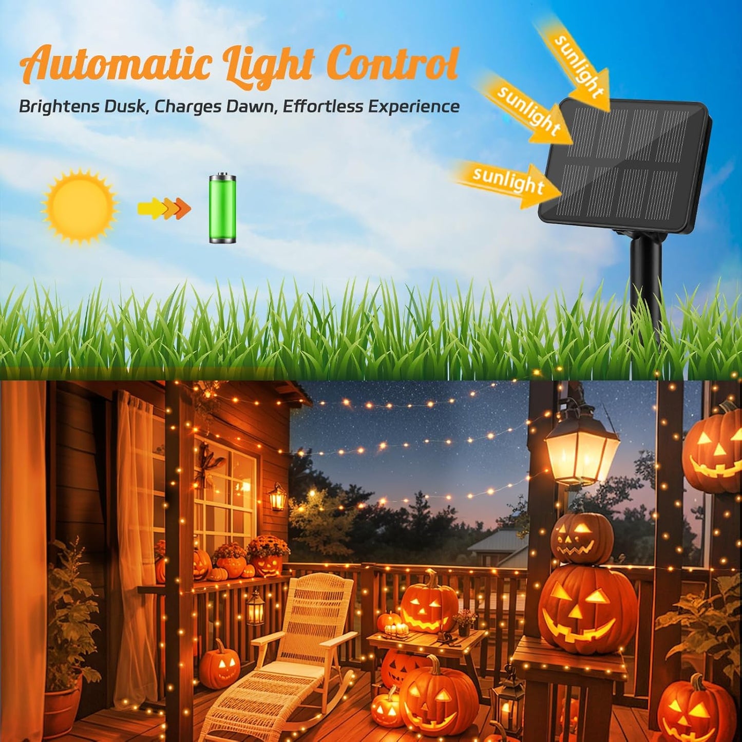Halloween String Lights Outdoor Waterproof, Orange Solar Fairy Lights 16.4ft 50LED 8 Modes Orange Fall Outdoor Lights for Fall Decor Outside Pathway Patio Party Backyard Decorations