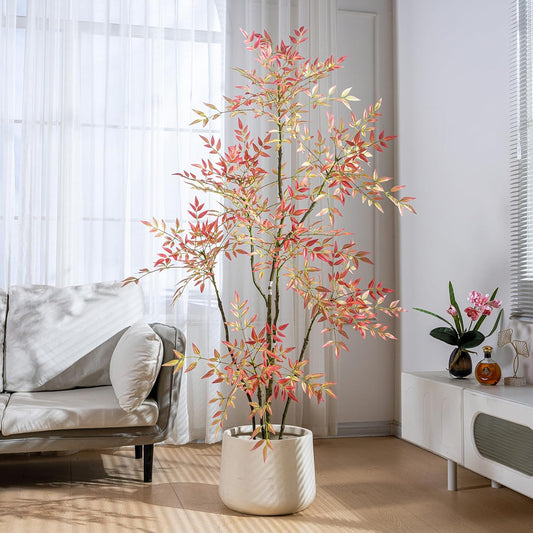 6ft Faux Bamboo Tree Artificial Nandina Tree Artificial Indoor Plants Realistic Fake Potted Tree with 800+ Leaves, Cement Planter - Home Office Decor Perfect for Housewarming Gift Non-Toxic