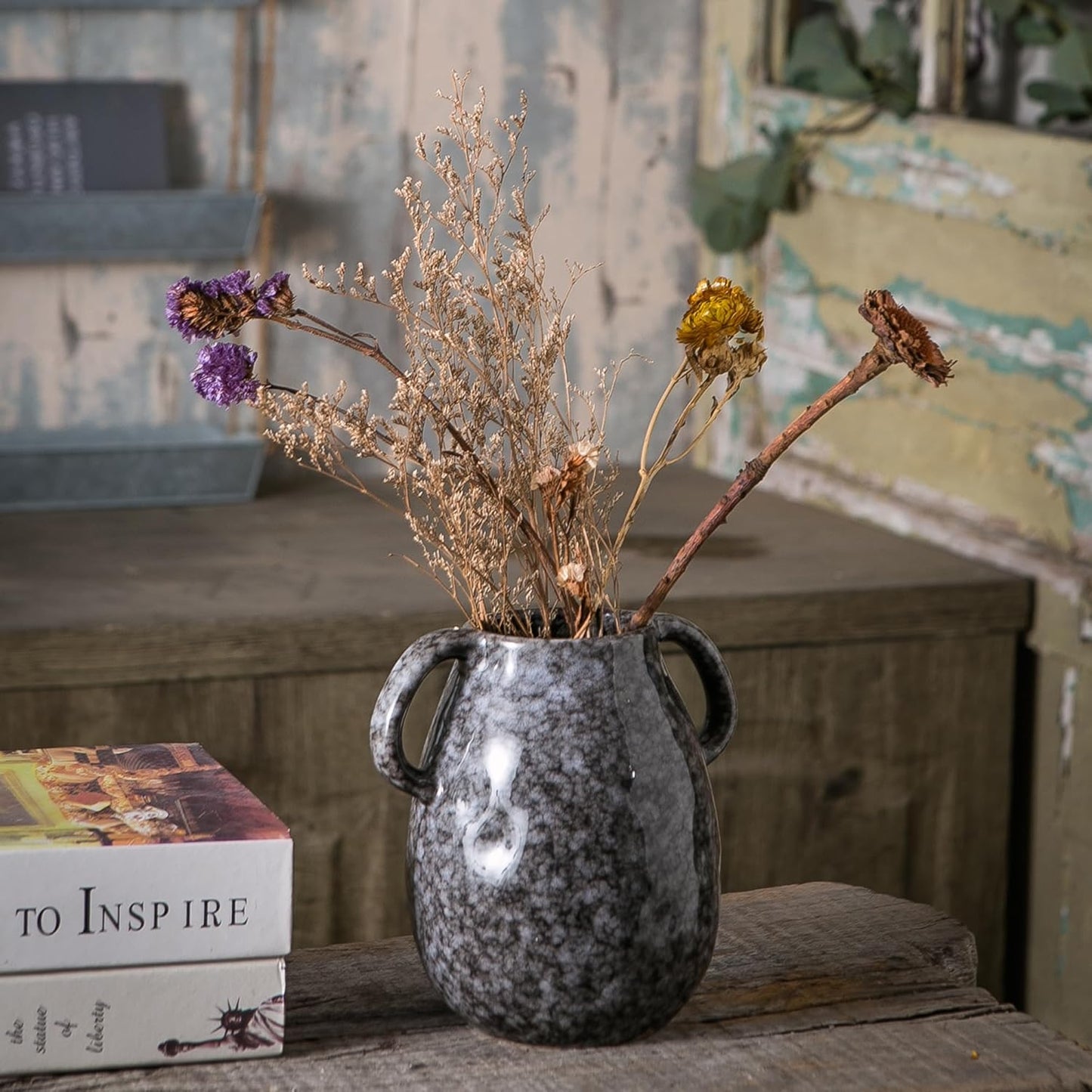 Black Ceramic Vase with 2 Handles, Modern Farmhouse Decor, Rustic Terracotta Pottery, Decorative Flower Vases, Clay Small Vase, Centerpiece for Dining Table - 7 Inch Tall