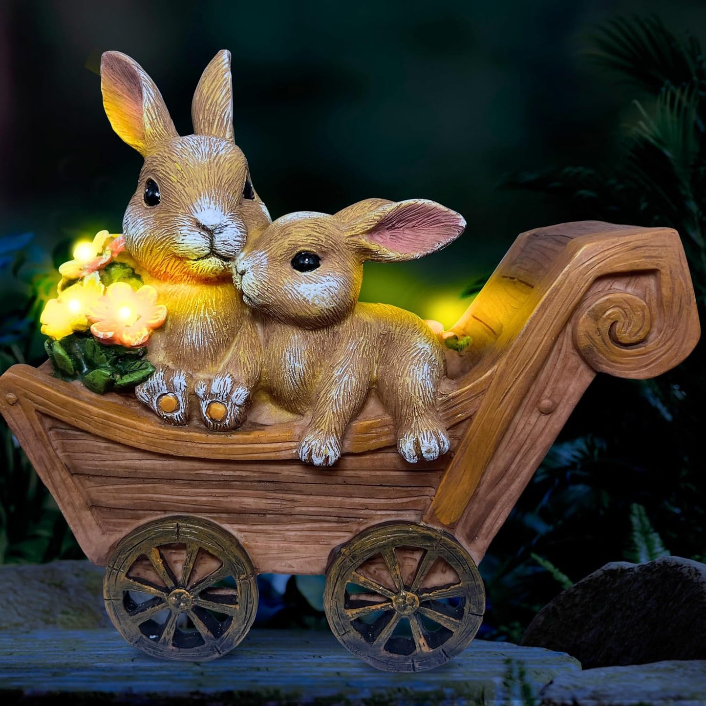 PRETMANNS Solar Rabbit Garden Statue - Mother & Baby Bunny Outdoor Decor with LED Lights for Patio, Yard Ornaments & Gifts for Women & Mom - Large