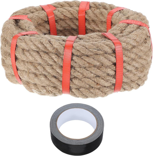 MECCANIXITY Jute Rope 0.7 Inch x 66ft, Thick Twine Rope Ropes Braided Jute Twine Natural Brown Burlap Cord String Heavy Twisted with Tape for Decorative Crafts Railing Swing Tug of War