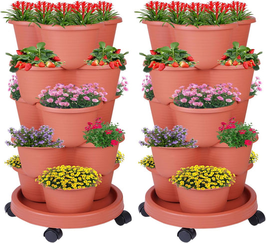 5-Tier Vertical Garden Tower Stackable Planter for Strawberries, Flowers, Vegetables & Herbs 2-Pack