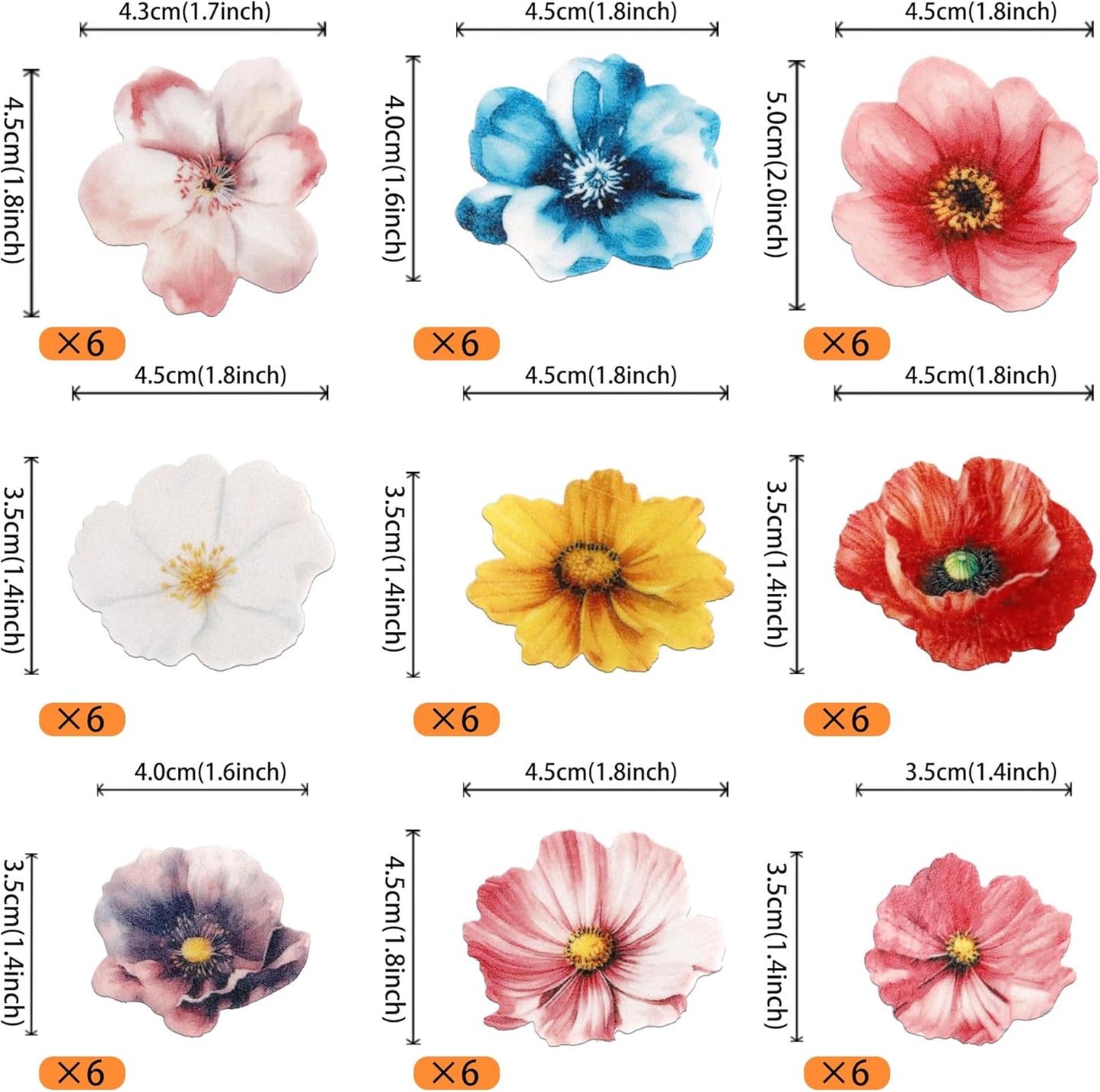 54 PCS Edible Flowers Cake Toppers Wafer Paper Flower Cupcake Toppers Hawaiian Edible Flowers Cake Decorations Mixed Size for Tropical Luau Themed Birthday Baby Shower Party Food Decor Supplies