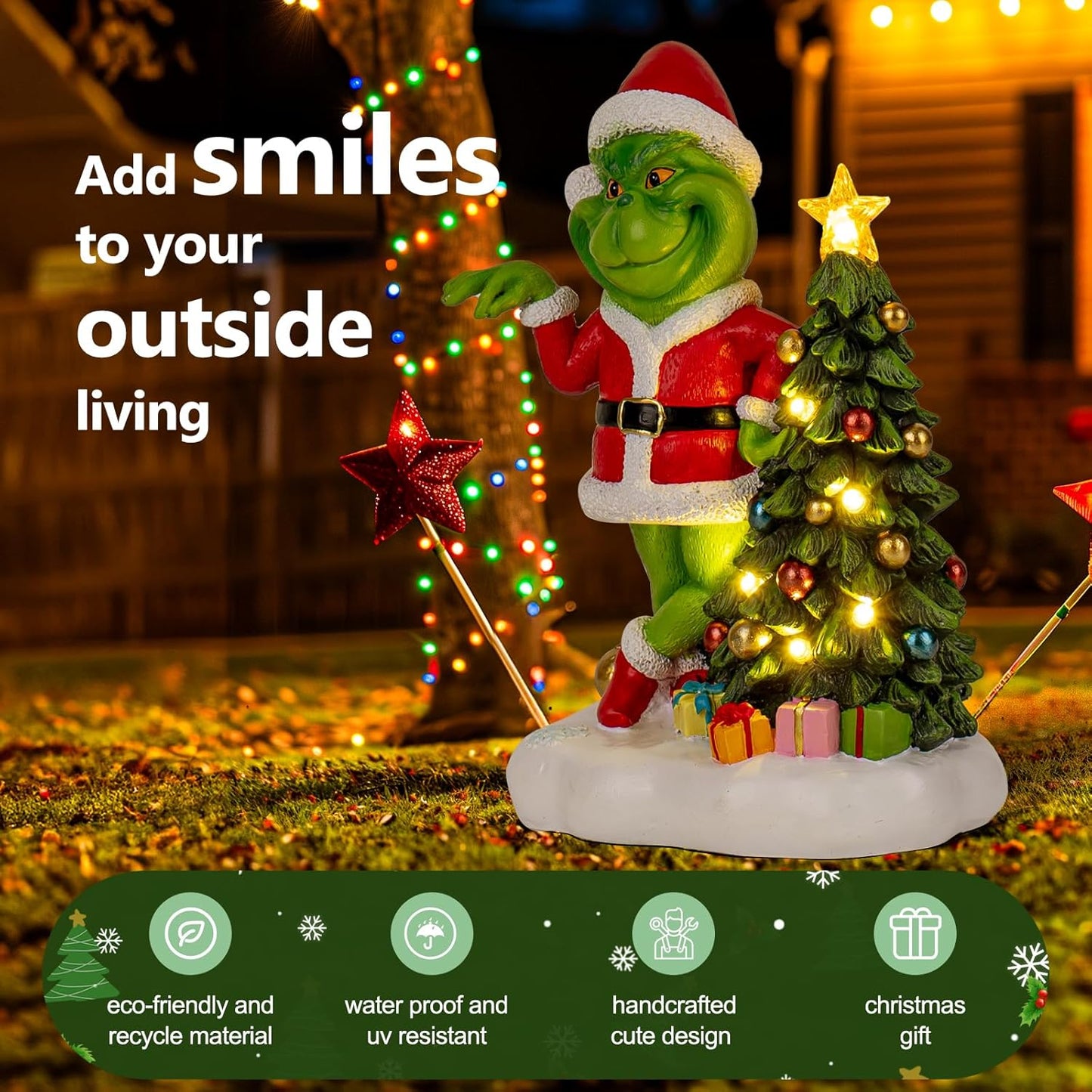 Solar Garden Outdoor Statues Green Monster with Christmas Tree and 6 LED Lights-Christmas Lawn Deco Statue for Patio, Balcony, Yard Ornament - Unique Christmas Housewarming Gifts