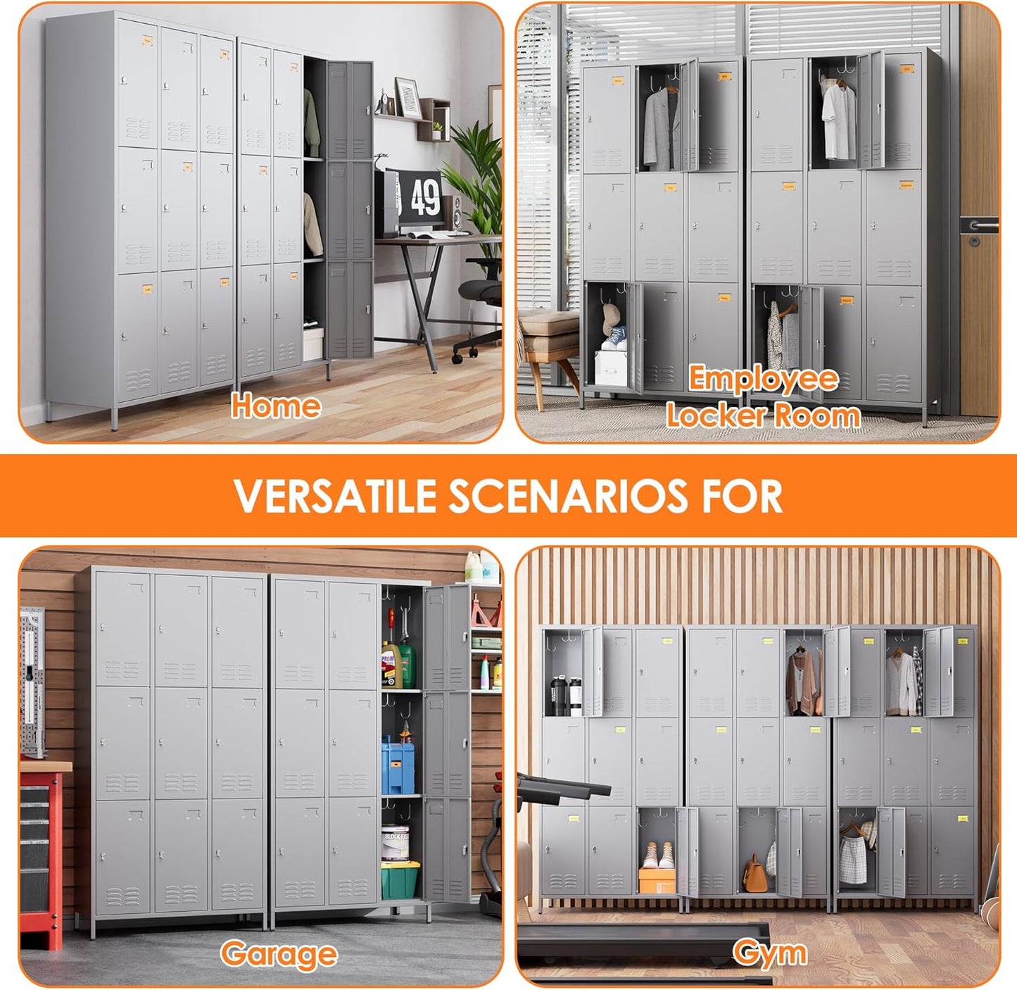 9 Doors Metal Lockers for Employees with 27 Hooks, Storage Locker with Business Card Holder for Office Gym School Bedroom, Assembly Required, Dark Gray