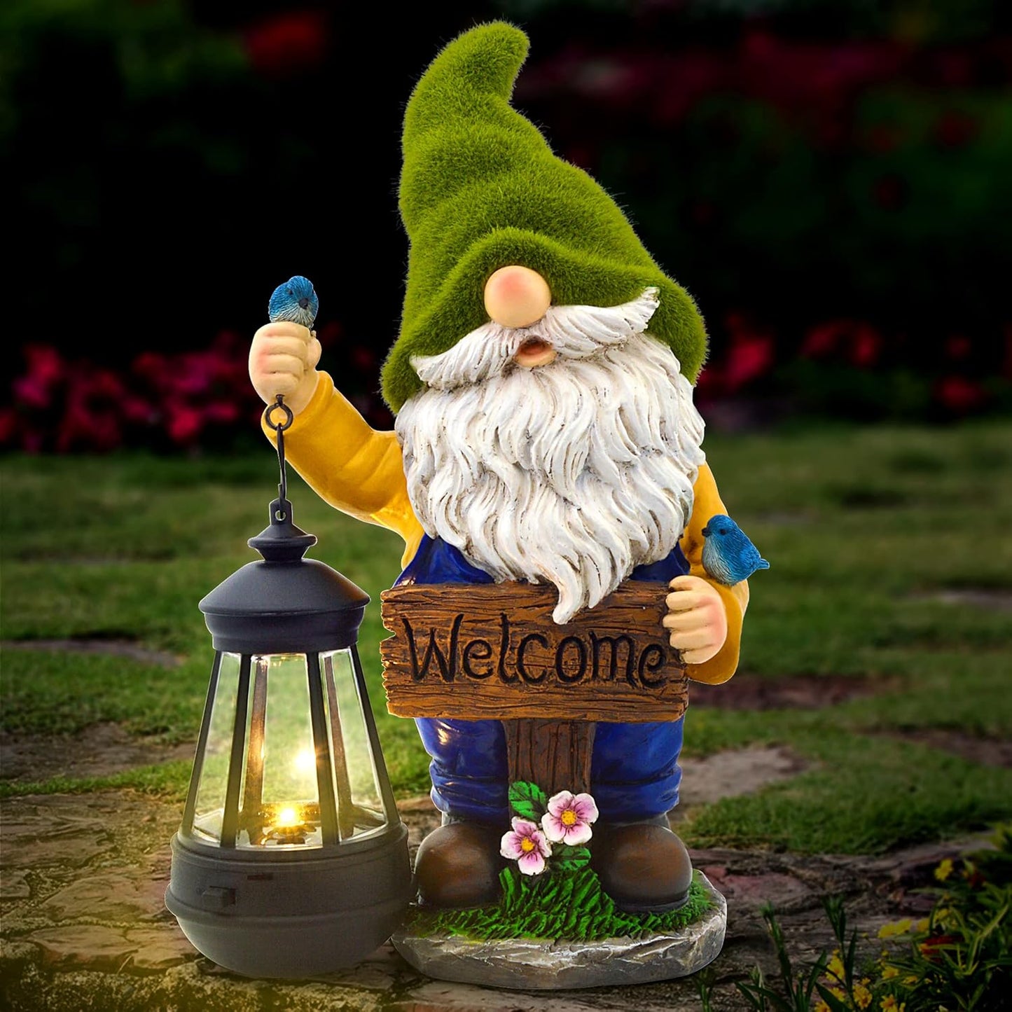 Christmas Garden Gnomes Outdoor - Flocked Gnome Statue Holding Lantern with Solar LED Lights | Gnomes Garden Decorations for Patio, Yard, Lawn Ornaments - Gnome Gifts
