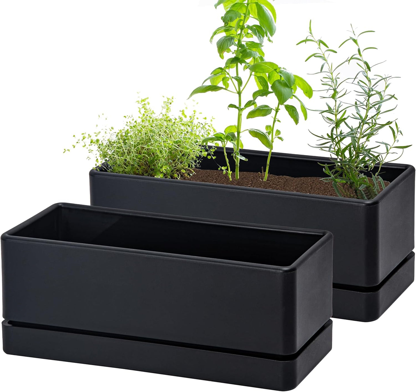 D'vine Dev 12 Inch Window Box Planter, Rectangle Plastic Herb Planter with Drainage Holes and Saucer, Indoor Succulent Cactus Vegetable Pot for Windowsill, Garden Balcony, Black, Set of 2, 76-X-B-2
