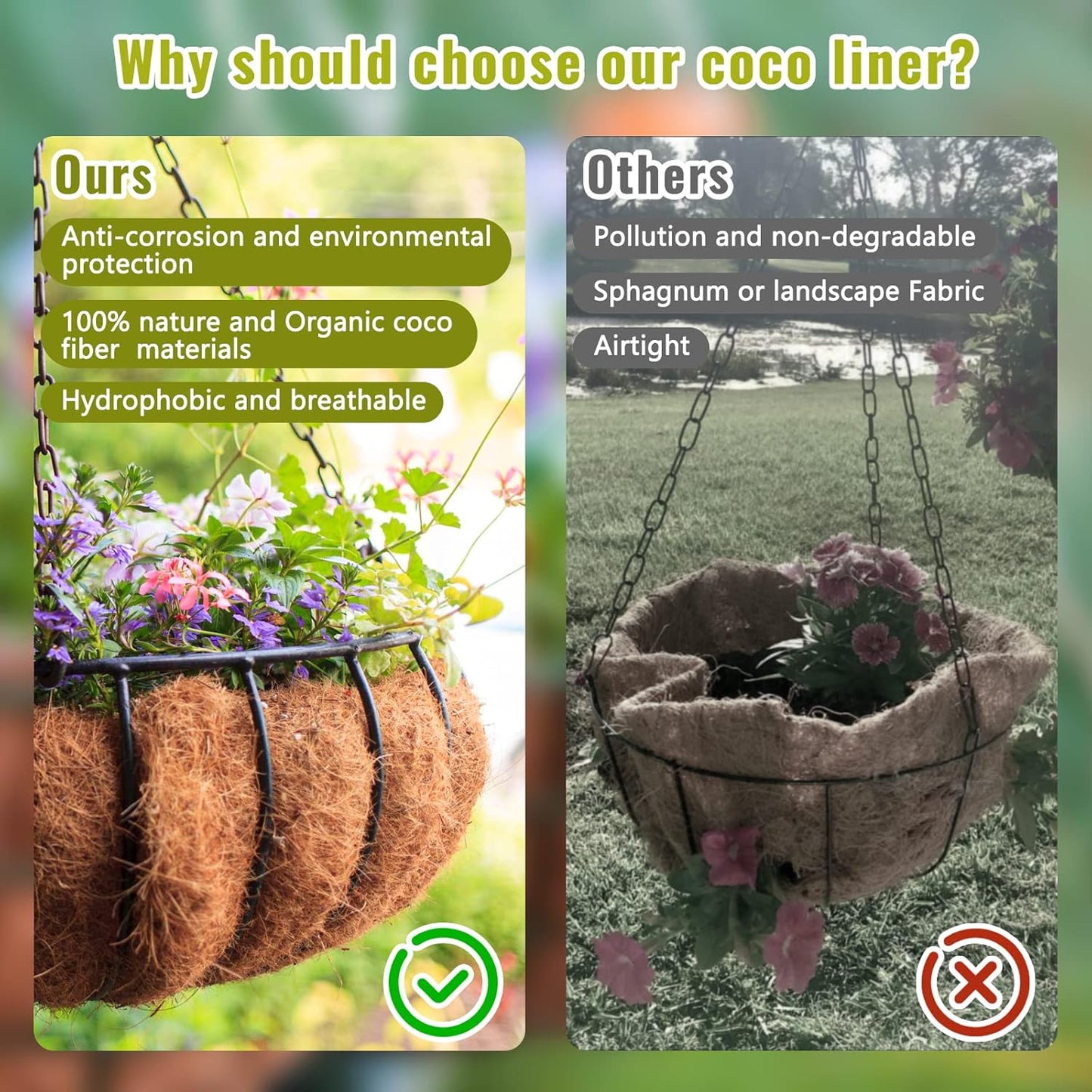 Legigo 3 Pack 16 Inch Hanging Basket Coco Liners Replacement, 100% Natural Round Coconut Coco Fiber Planter Basket Liners for Hanging Basket Flowers/Vegetables