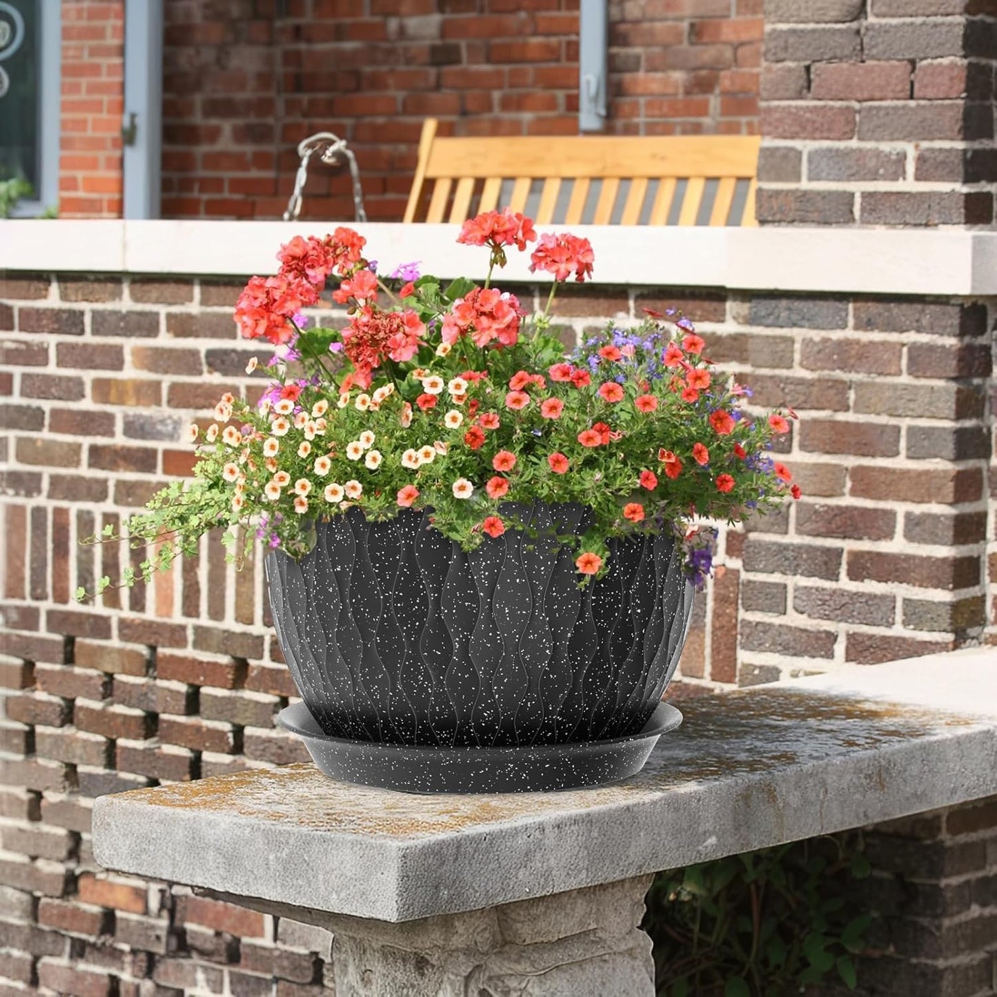 12/10/9 inch Large Flower Pots, 3 Set Big Plant Pots for Outdoor Indoor Plants with Water Ripples, Wide Plastic Planters with Drainage Holes and Saucers for Garden House Plants, Speckled Black